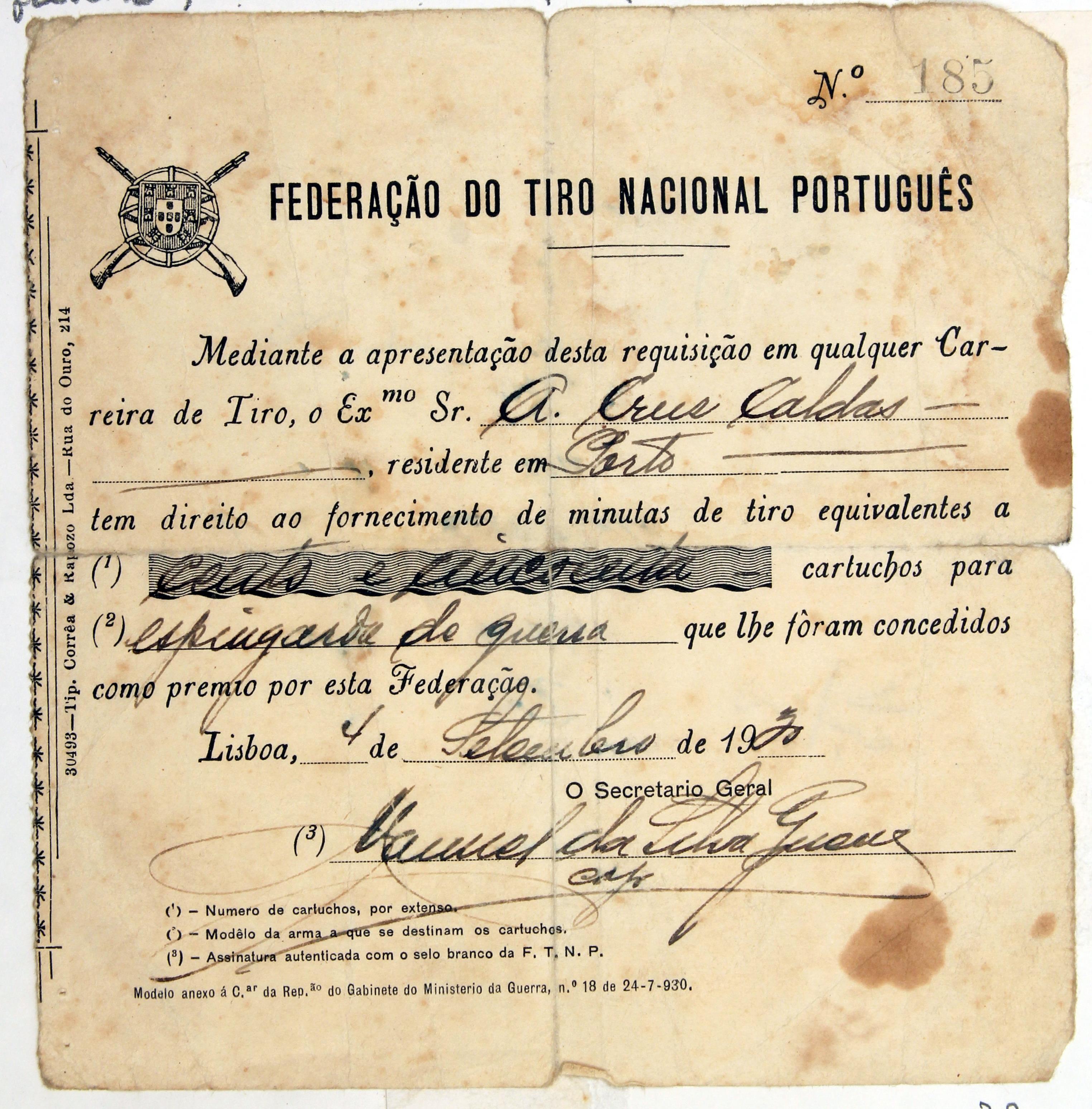 Cruz Caldas (1) : 1897-1928 : Federação de Tiro Nacional Português : [requisição cento e cinquenta cartuchos]