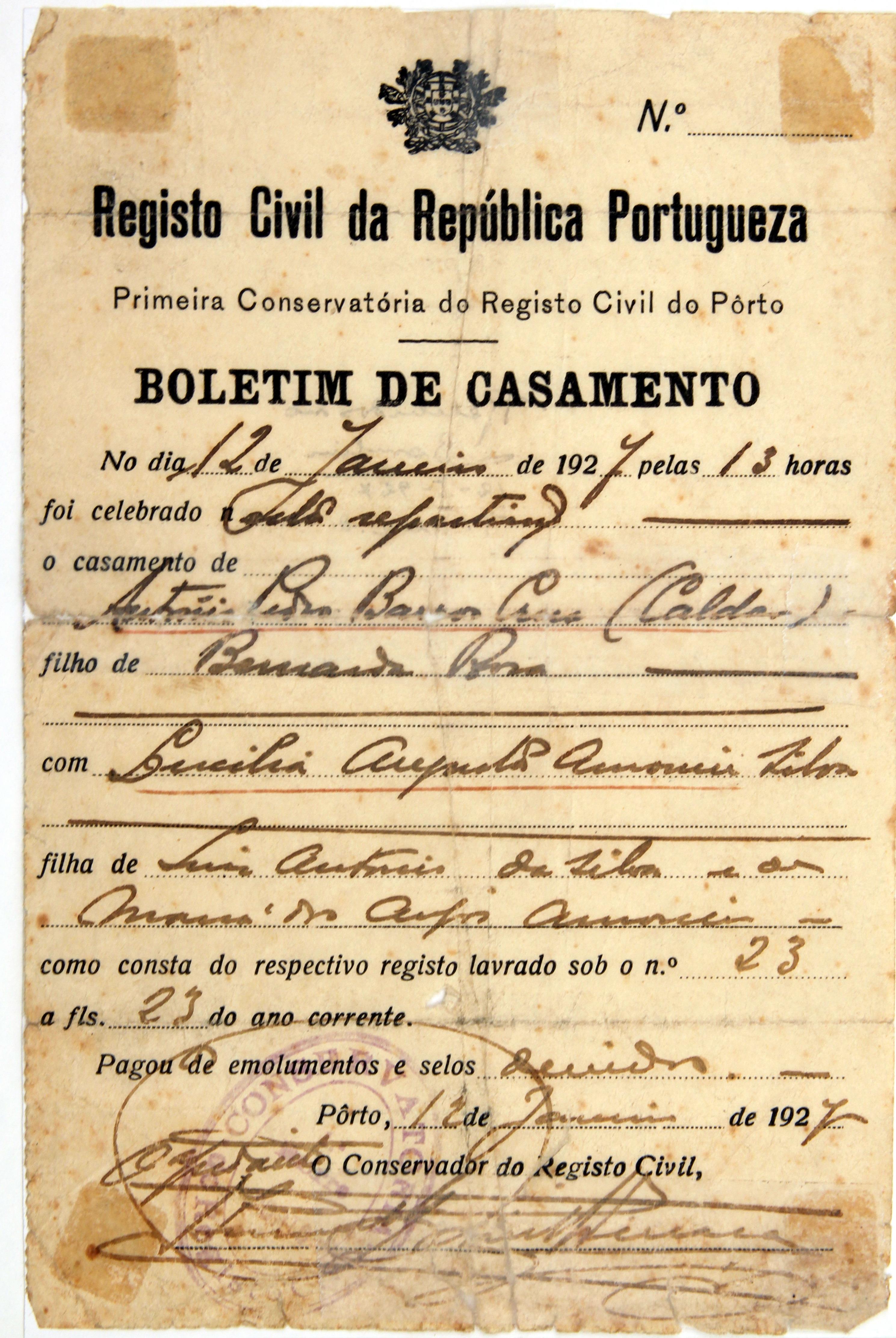 Cruz Caldas (1) : 1897-1928 : boletim de casamento [de Cruz Caldas e Lucília Silva]