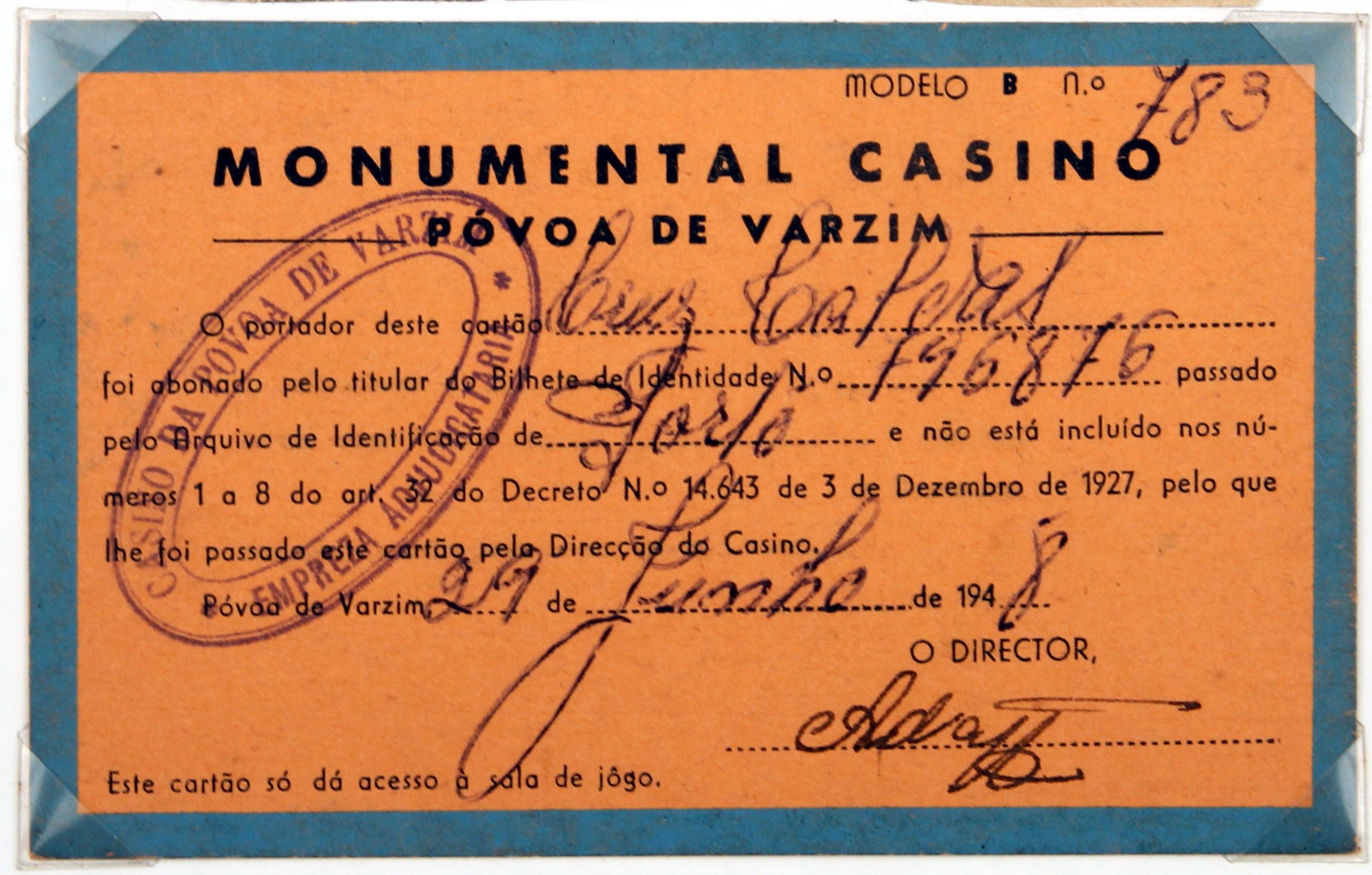 Cruz Caldas (2) : 1928-1946 : [cartão para a sala de jogo do] Monumental Casino da Póvoa de Varzim