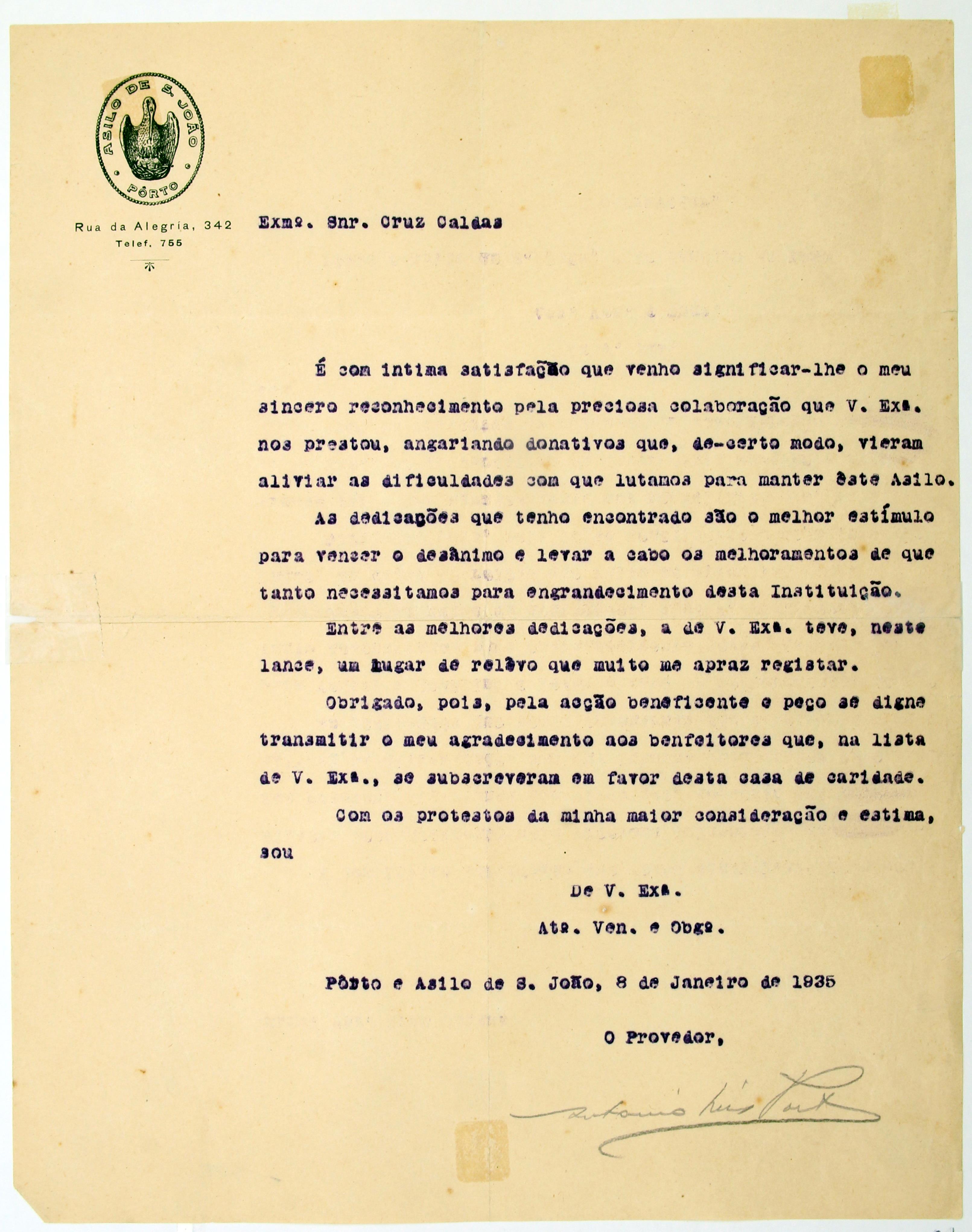 Cruz Caldas (2) : 1928-1946 : [carta do provedor do Asilo de São João a Cruz Caldas]