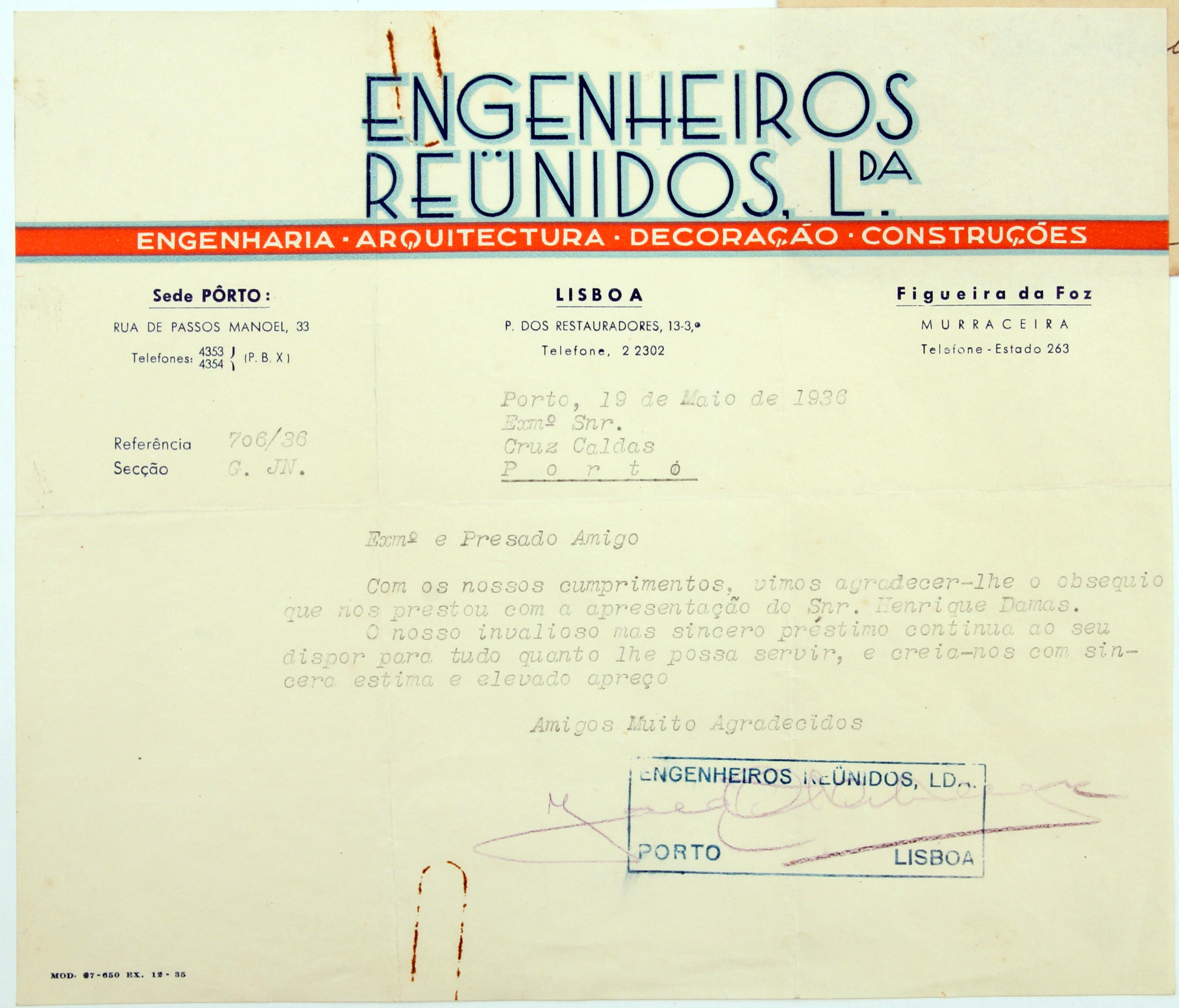 Cruz Caldas (2) : 1928-1946 : [carta da empresa Engenheiros Reunidos, Lda enviada a Cruz Caldas]