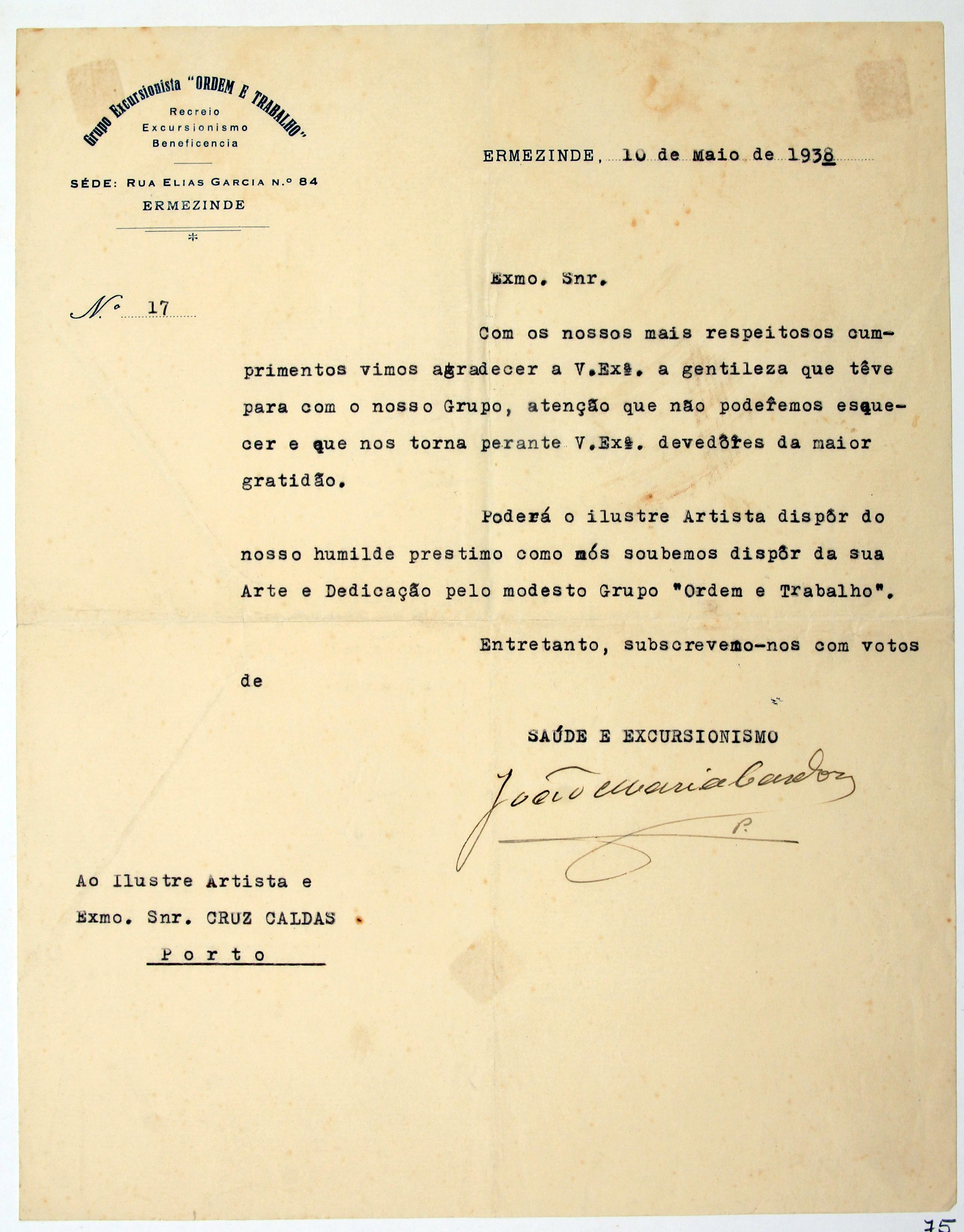 Cruz Caldas (2) : 1928-1946 : [carta do Grupo Excursionista "Ordem e Trabalho" enviada a Cruz Caldas]