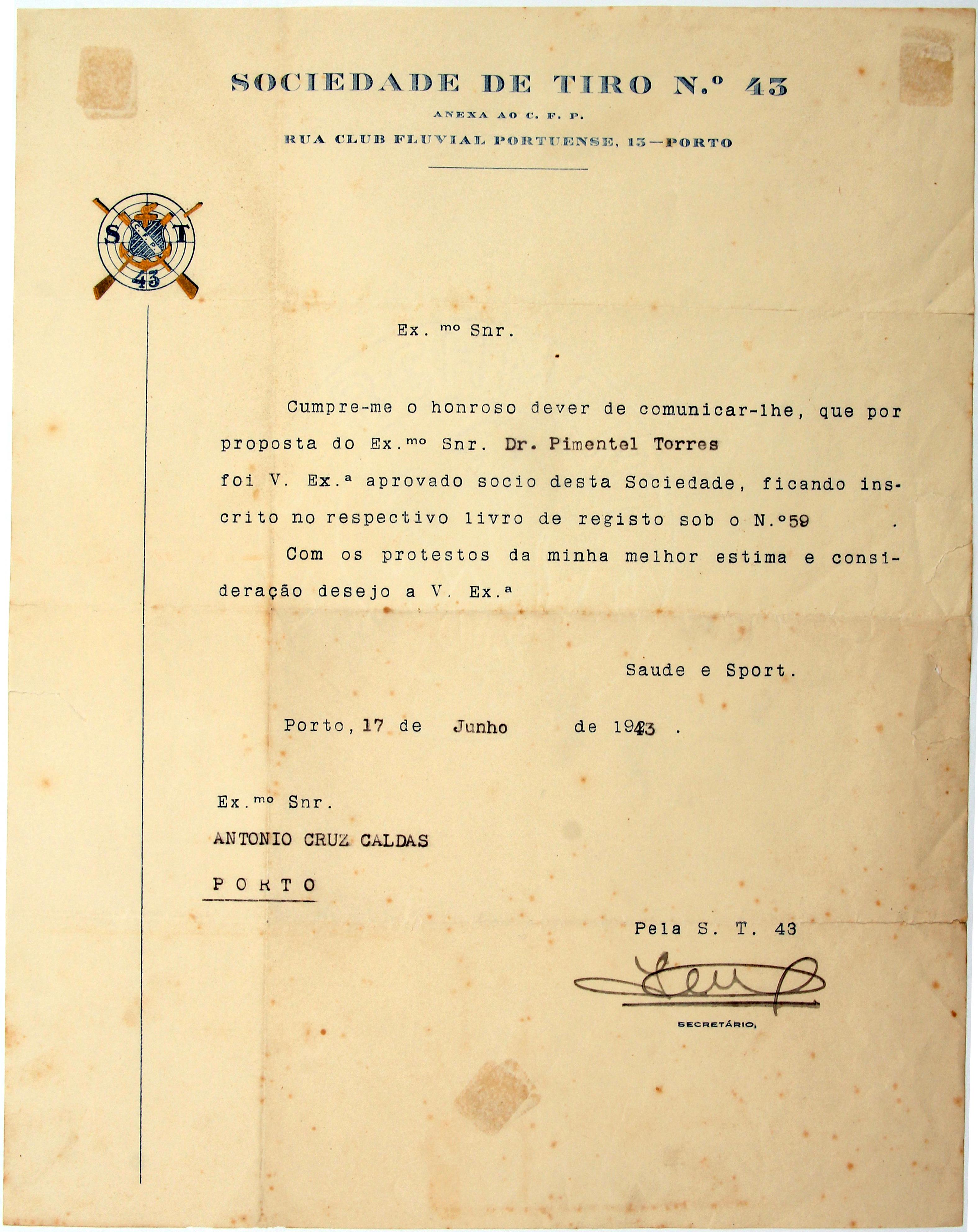 Cruz Caldas (2) : 1928-1946 : [carta da Sociedade de Tiro N.º 43 enviada a Cruz Caldas]