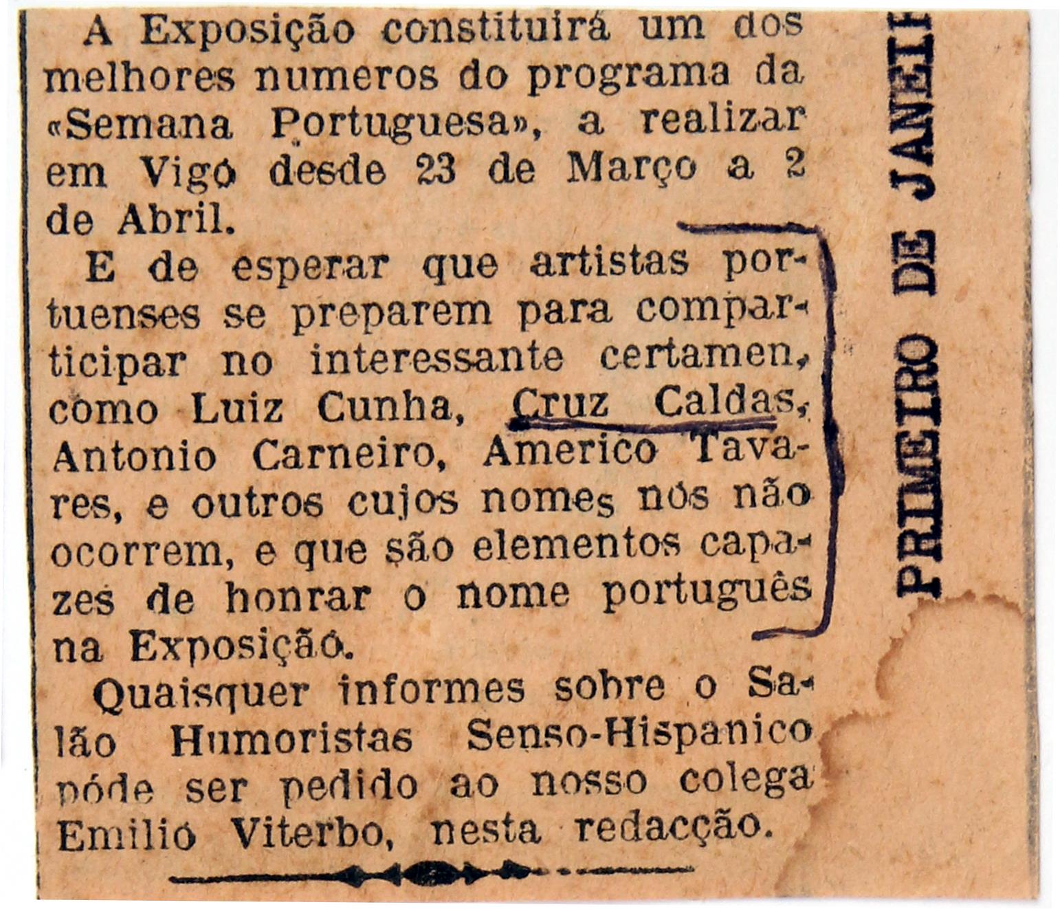 Cruz Caldas (2) : 1928-1946 : «O Primeiro de Janeiro» : [«Semana Portuguesa» em Vigo]