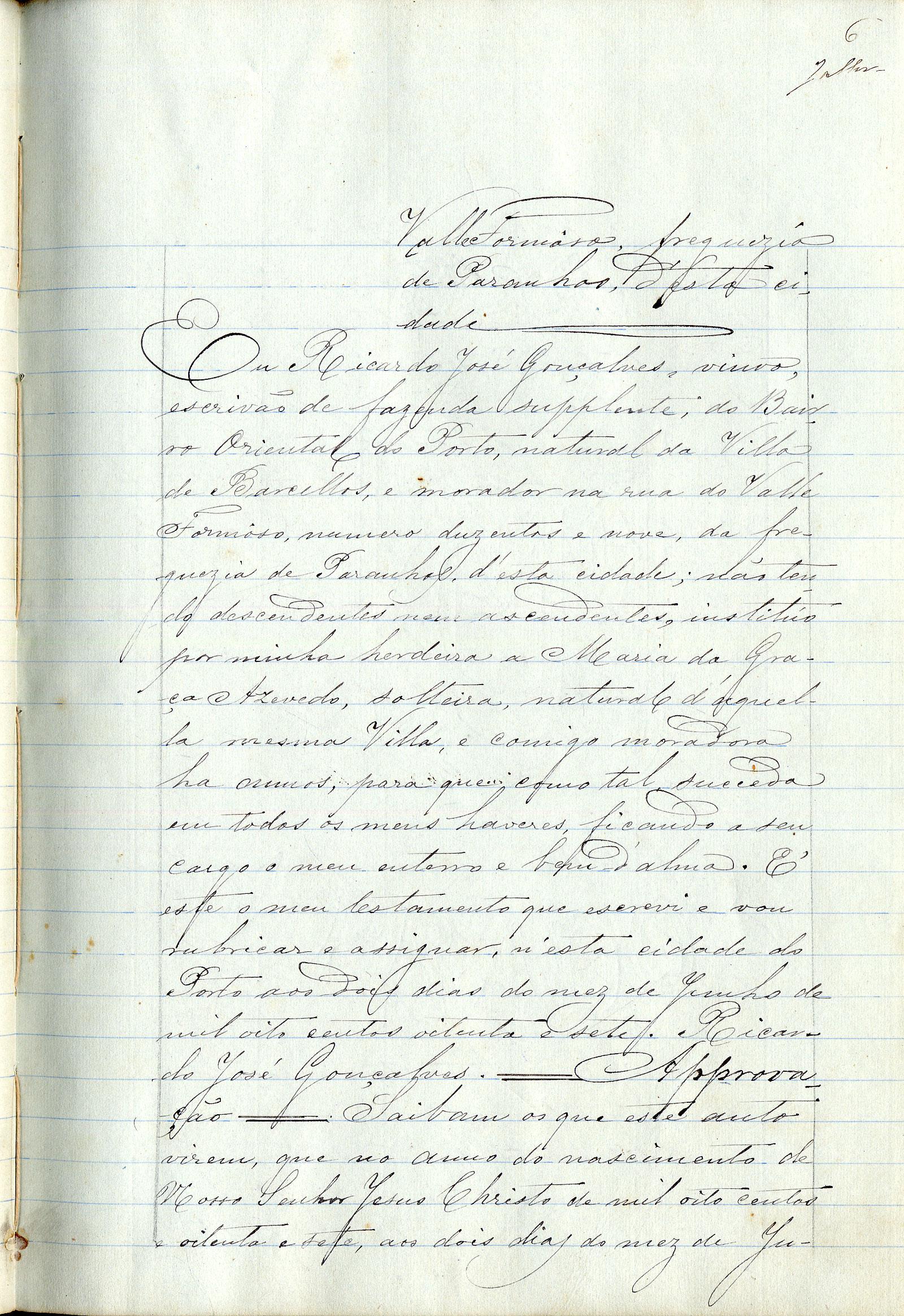 Registo do testamento com que faleceu Ricardo José Gonçalves, escrivão de fazenda suplente do Bairro Oriental do Porto