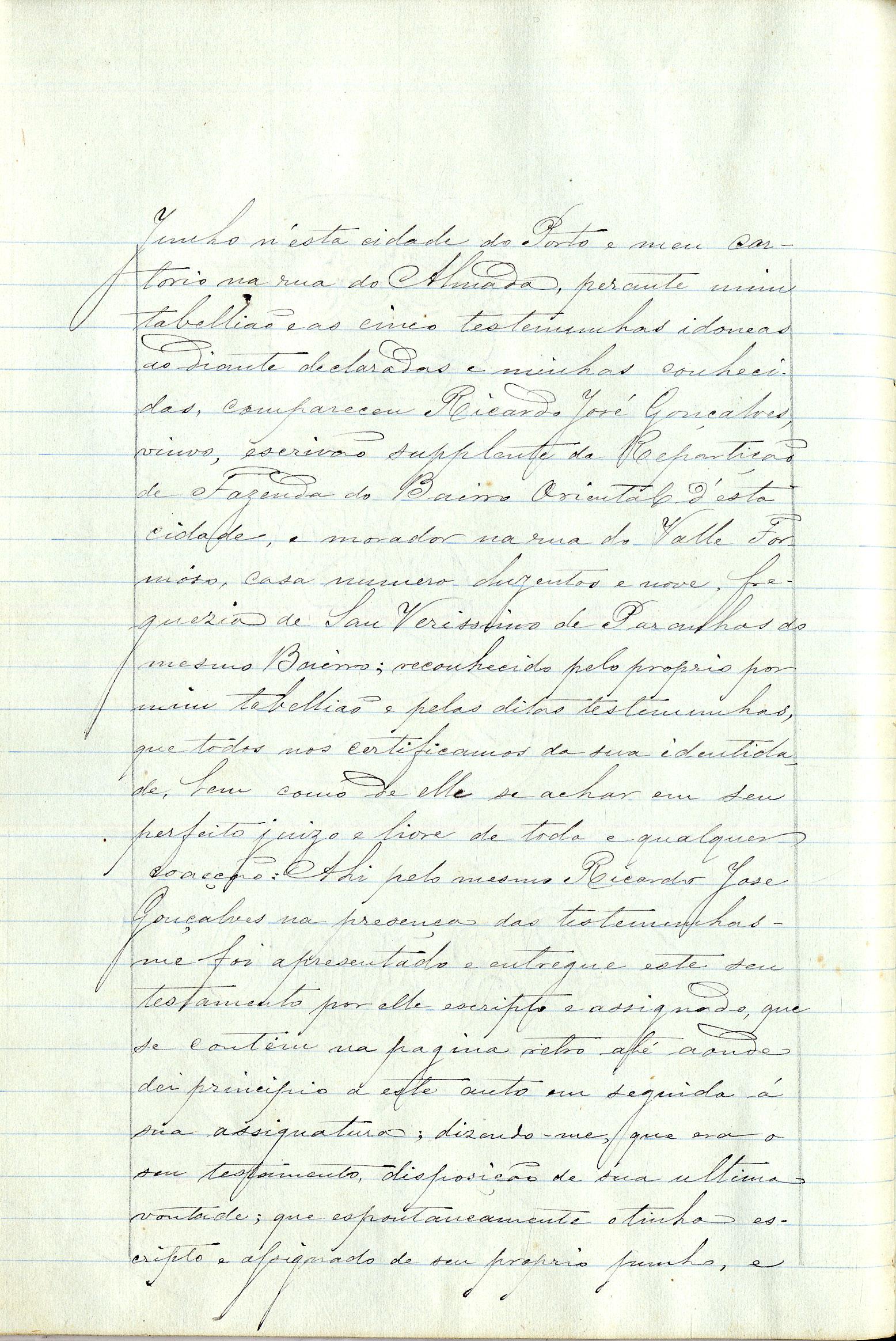 Registo do testamento com que faleceu Ricardo José Gonçalves, escrivão de fazenda suplente do Bairro Oriental do Porto
