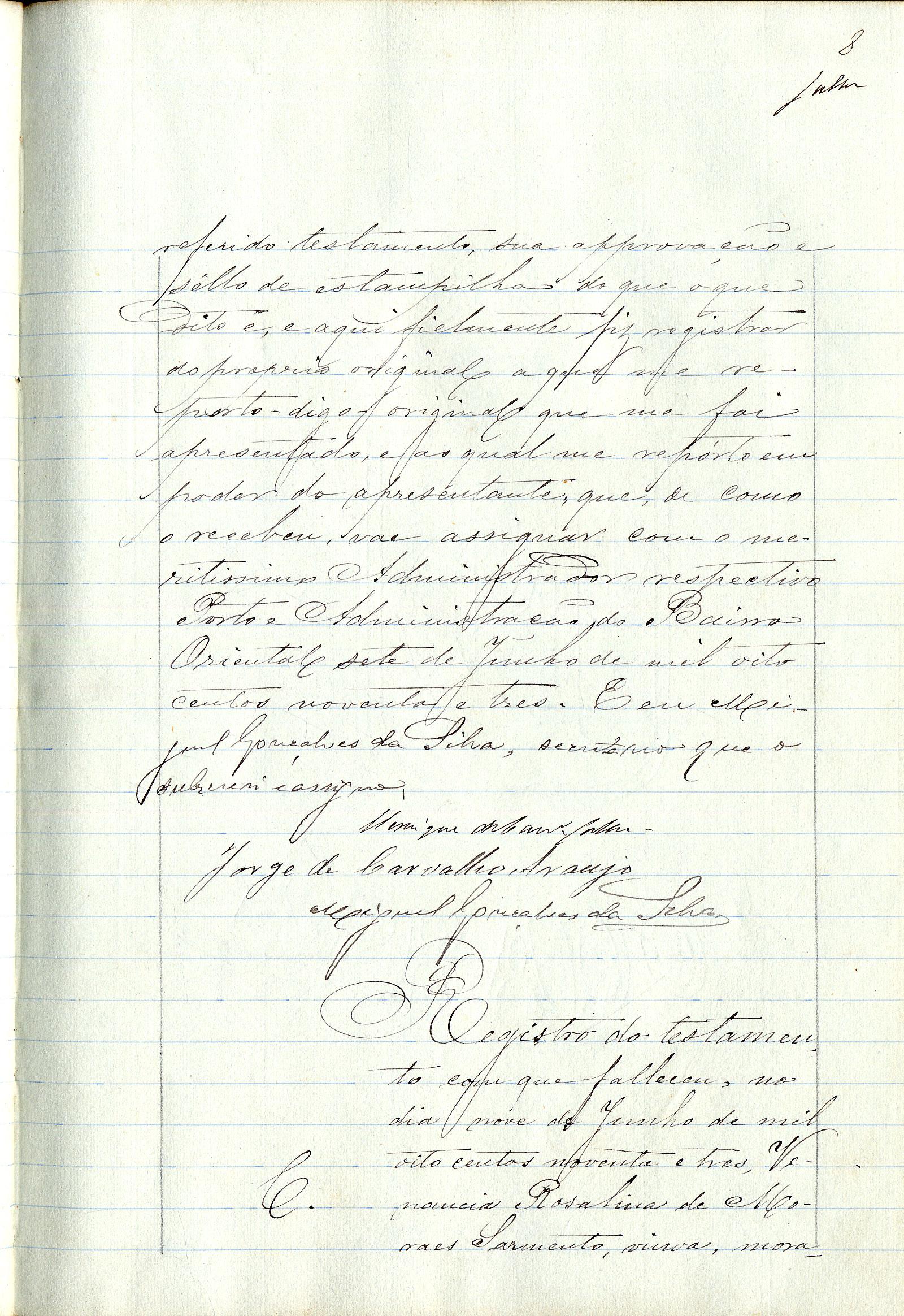 Registo do testamento com que faleceu Ricardo José Gonçalves, escrivão de fazenda suplente do Bairro Oriental do Porto