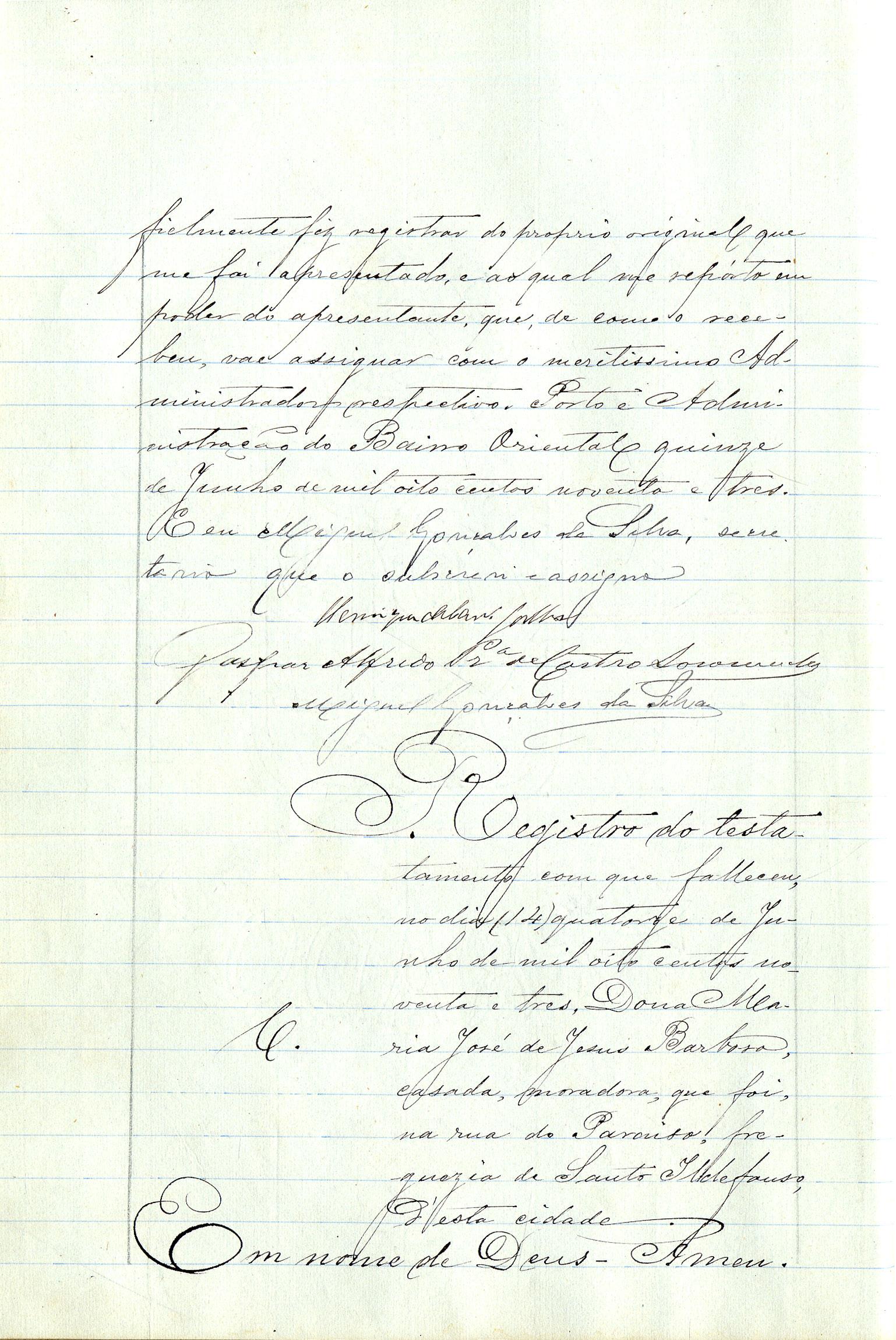 Registo do testamento com que faleceu Maria José de Jesus Barbosa, casada com Justiniano Alves Barbosa e Silva