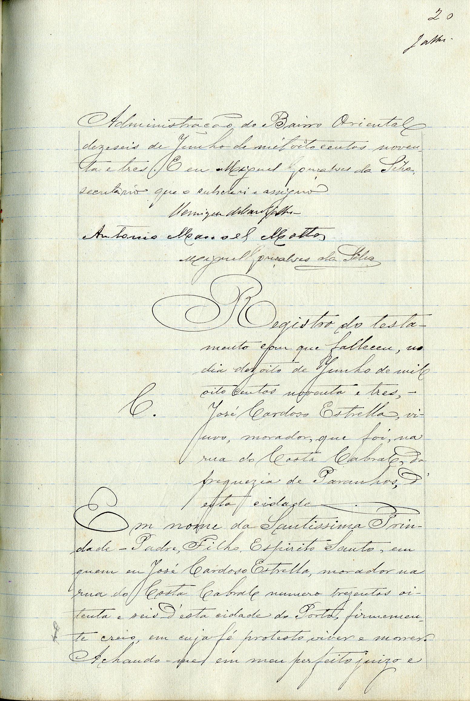 Registo do testamento com que faleceu Maria José de Jesus Barbosa, casada com Justiniano Alves Barbosa e Silva
