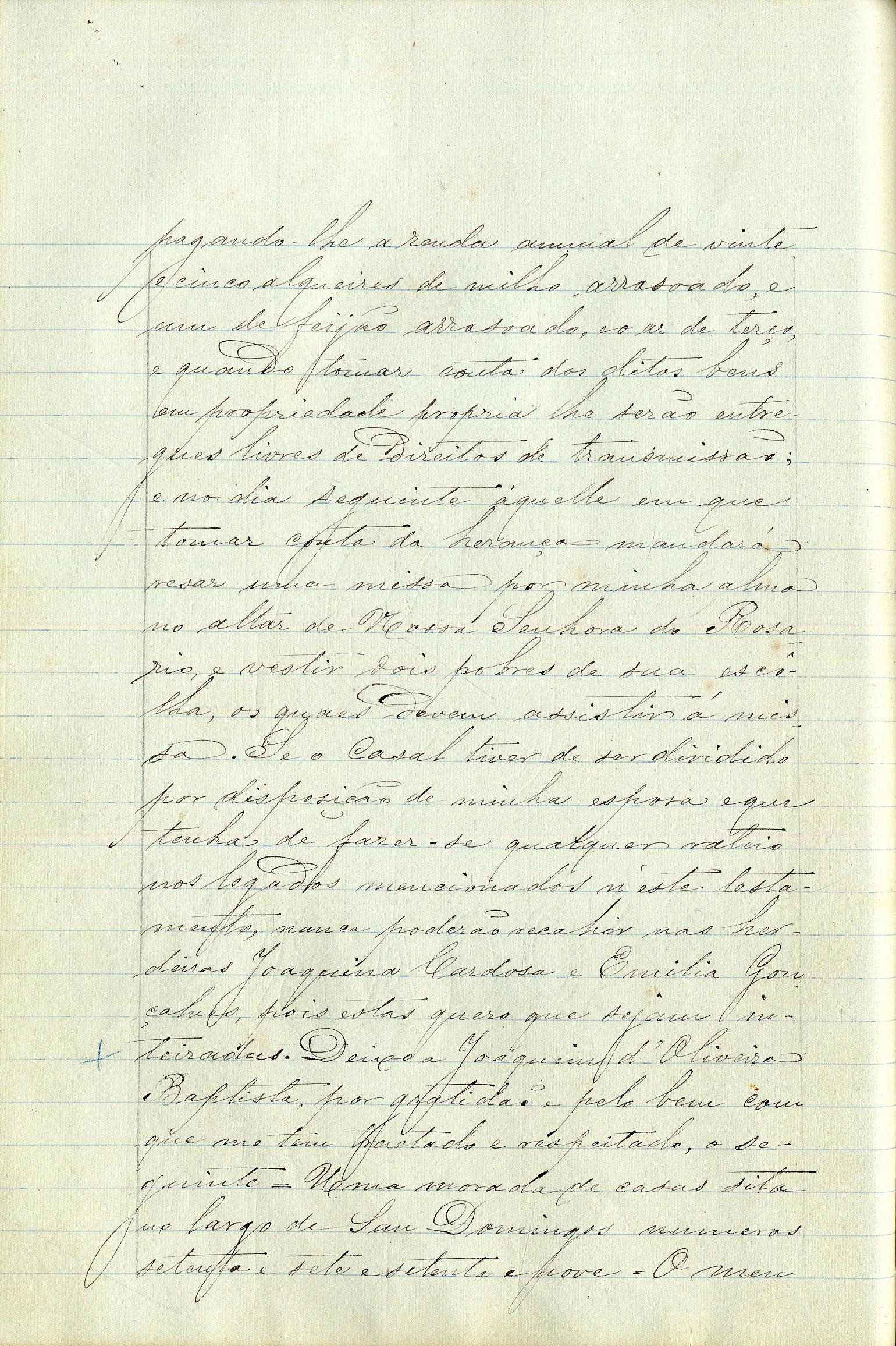 Registo do testamento de Manuel Jorge Pereira, casado com Matilde Jorge de Araújo Lopes Pereira Negrão, proprietário