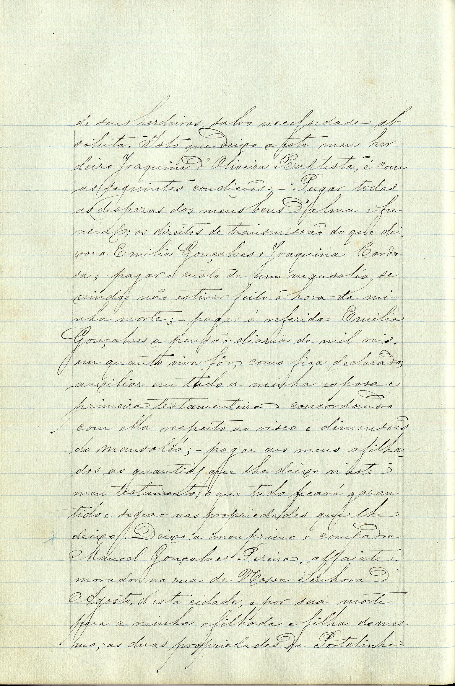 Registo do testamento de Manuel Jorge Pereira, casado com Matilde Jorge de Araújo Lopes Pereira Negrão, proprietário