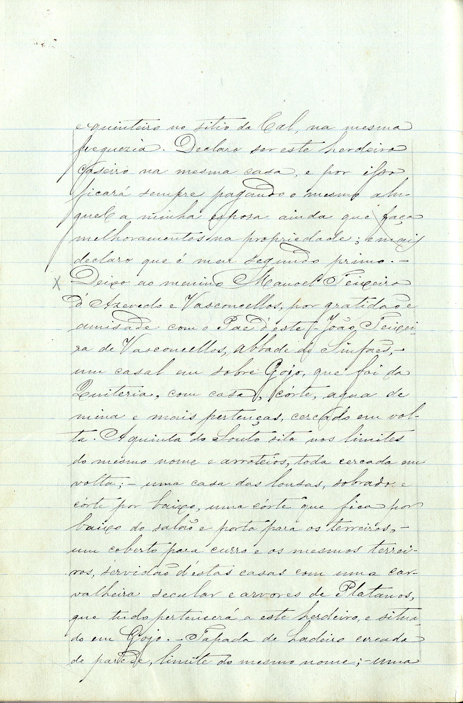 Registo do testamento de Manuel Jorge Pereira, casado com Matilde Jorge de Araújo Lopes Pereira Negrão, proprietário