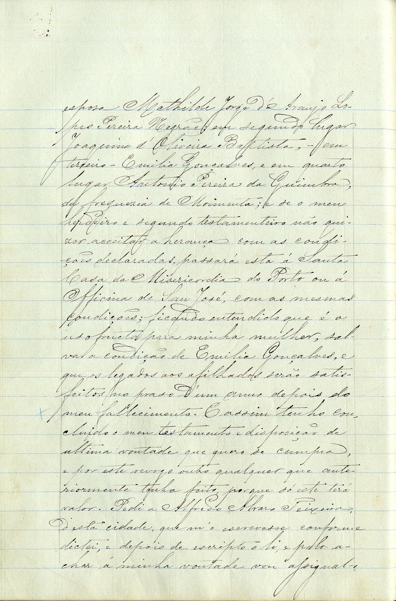 Registo do testamento de Manuel Jorge Pereira, casado com Matilde Jorge de Araújo Lopes Pereira Negrão, proprietário