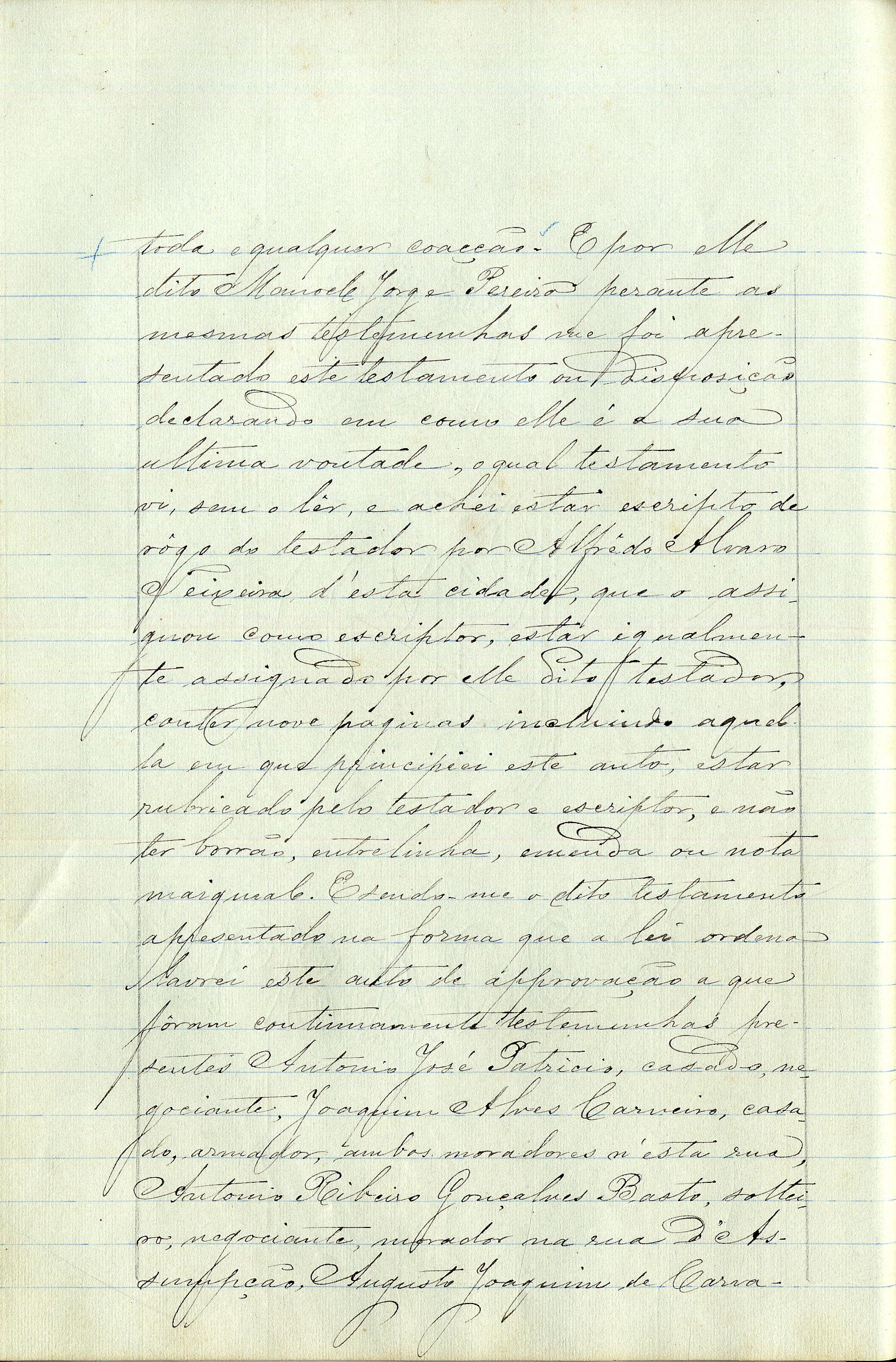 Registo do testamento de Manuel Jorge Pereira, casado com Matilde Jorge de Araújo Lopes Pereira Negrão, proprietário