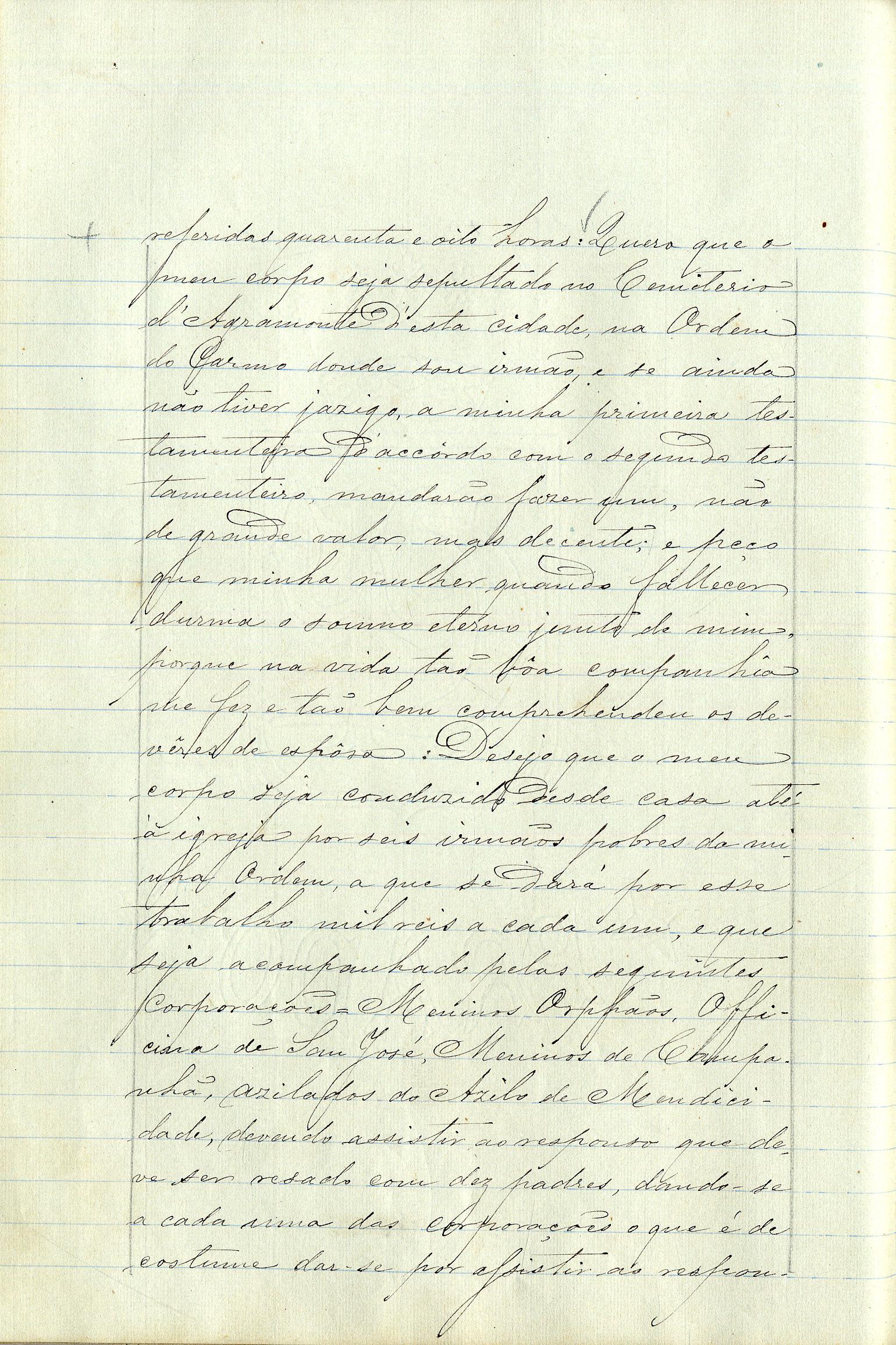 Registo do testamento de Manuel Jorge Pereira, casado com Matilde Jorge de Araújo Lopes Pereira Negrão, proprietário