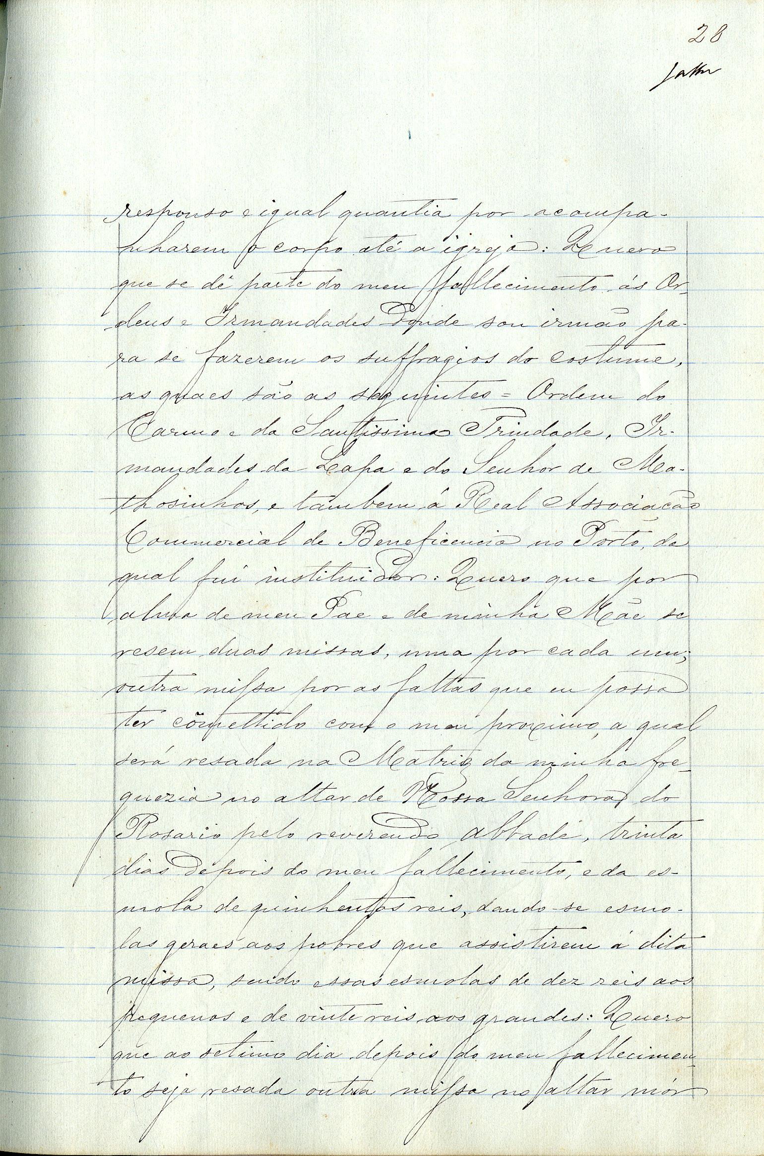 Registo do testamento de Manuel Jorge Pereira, casado com Matilde Jorge de Araújo Lopes Pereira Negrão, proprietário