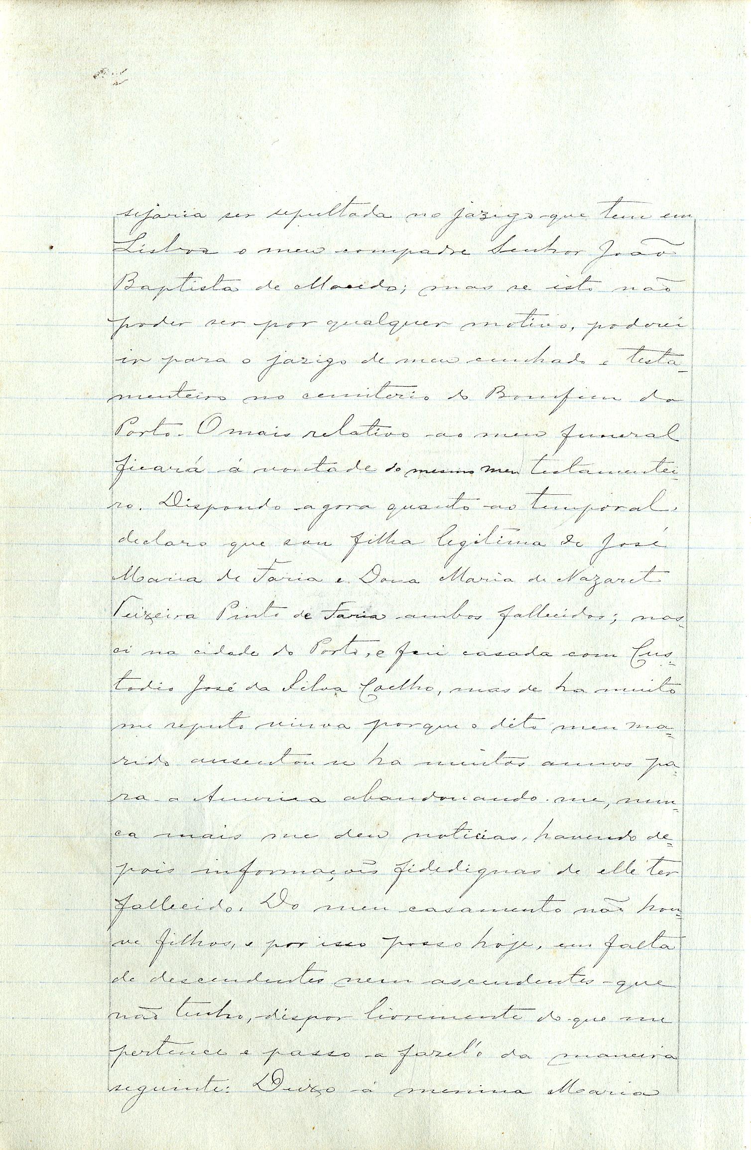 Registo do testamento com que faleceu Adosinda Amália de Faria, viúva de Custódio José da Silva Coelho