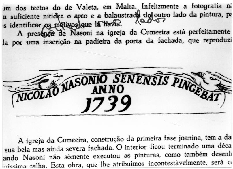 Nicolau Nasoni : um artista italiano no Porto : inscrição da firma de Nicolau Nasoni na Igreja da Cumieira