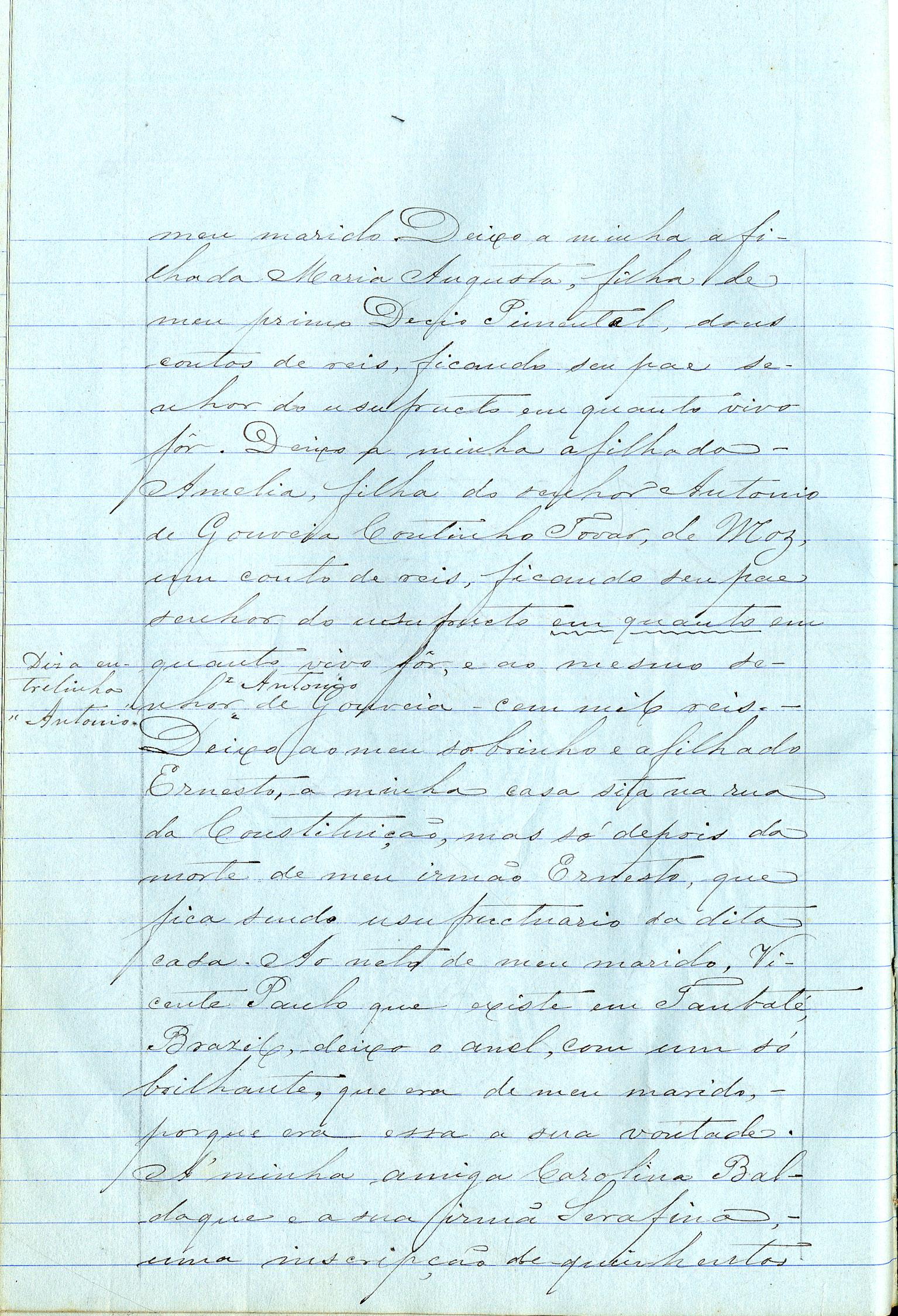 Registo do testamento com que faleceu Amélia Arminta de Sousa Ferreira de Sampaio, proprietária