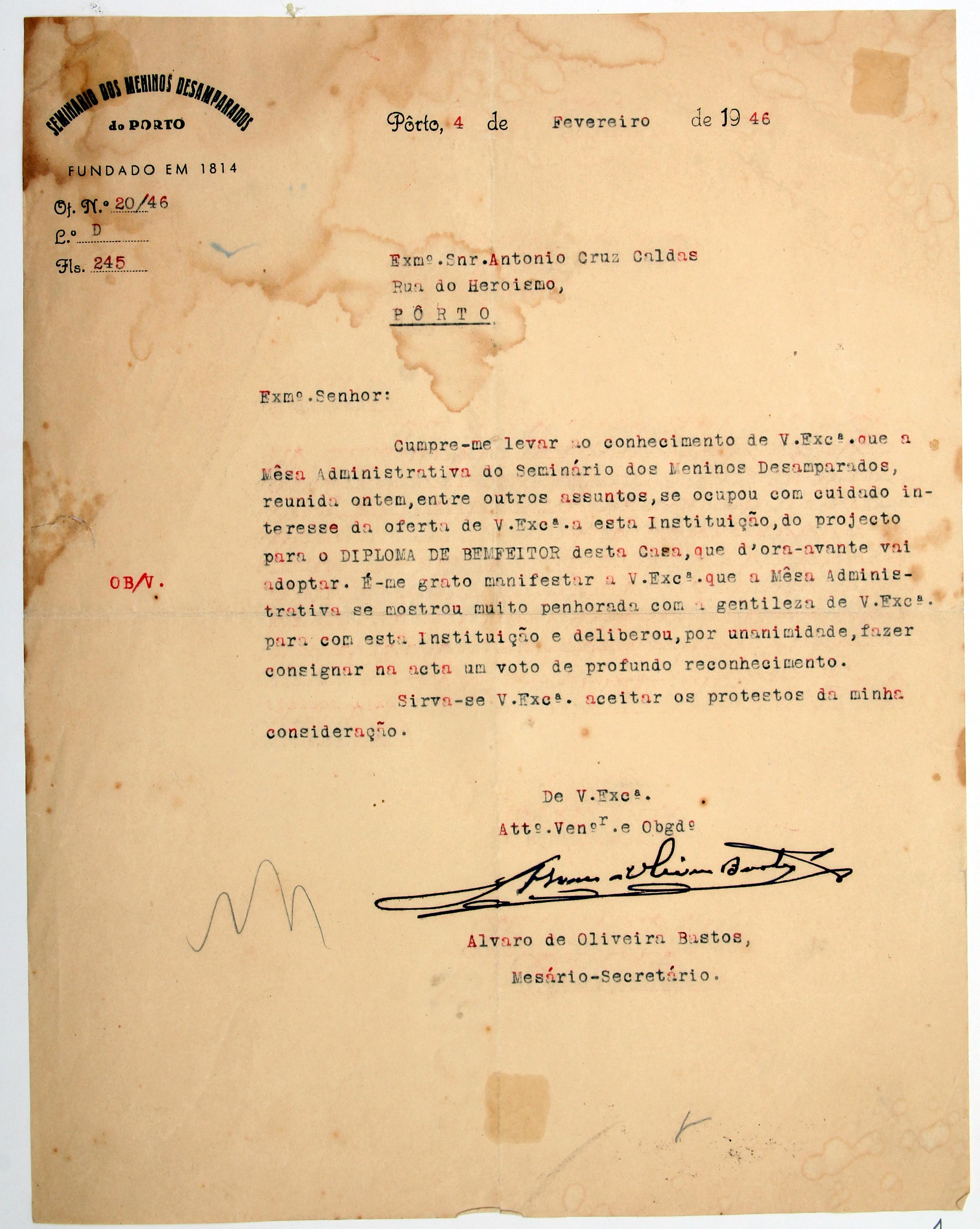Cruz Caldas (3) : 1946-1965 : [carta do secrectário do Seminário dos Meninos Desamparados do Porto a Cruz Caldas]