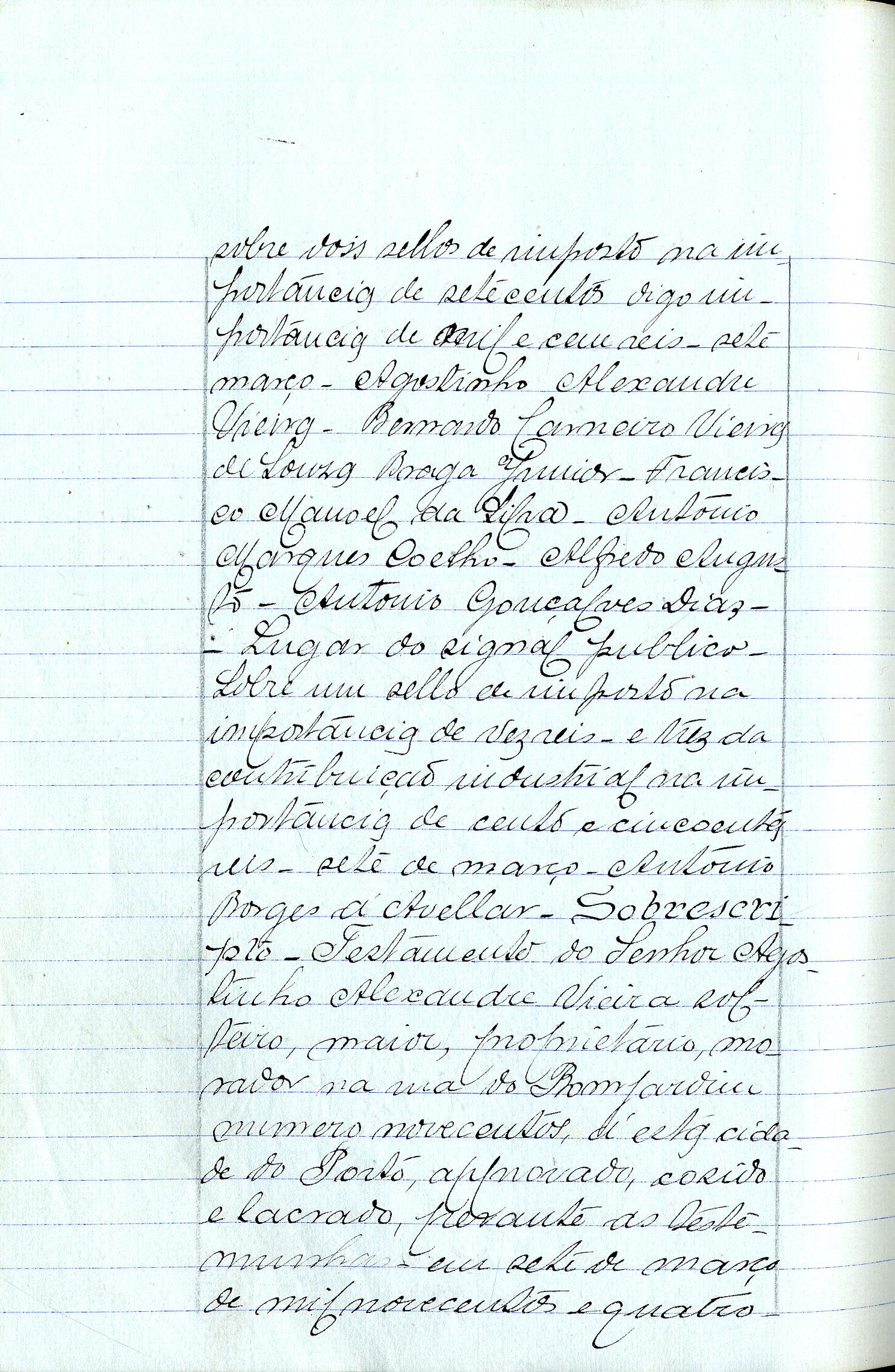 Registo do testamento com que faleceu Agostinho Alexandre Vieira, capitalista