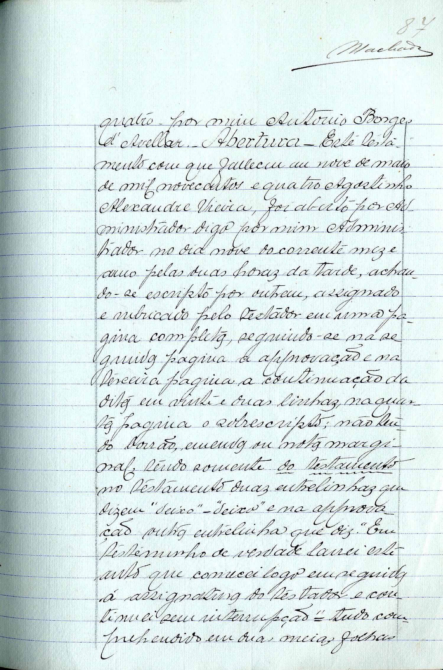 Registo do testamento com que faleceu Agostinho Alexandre Vieira, capitalista