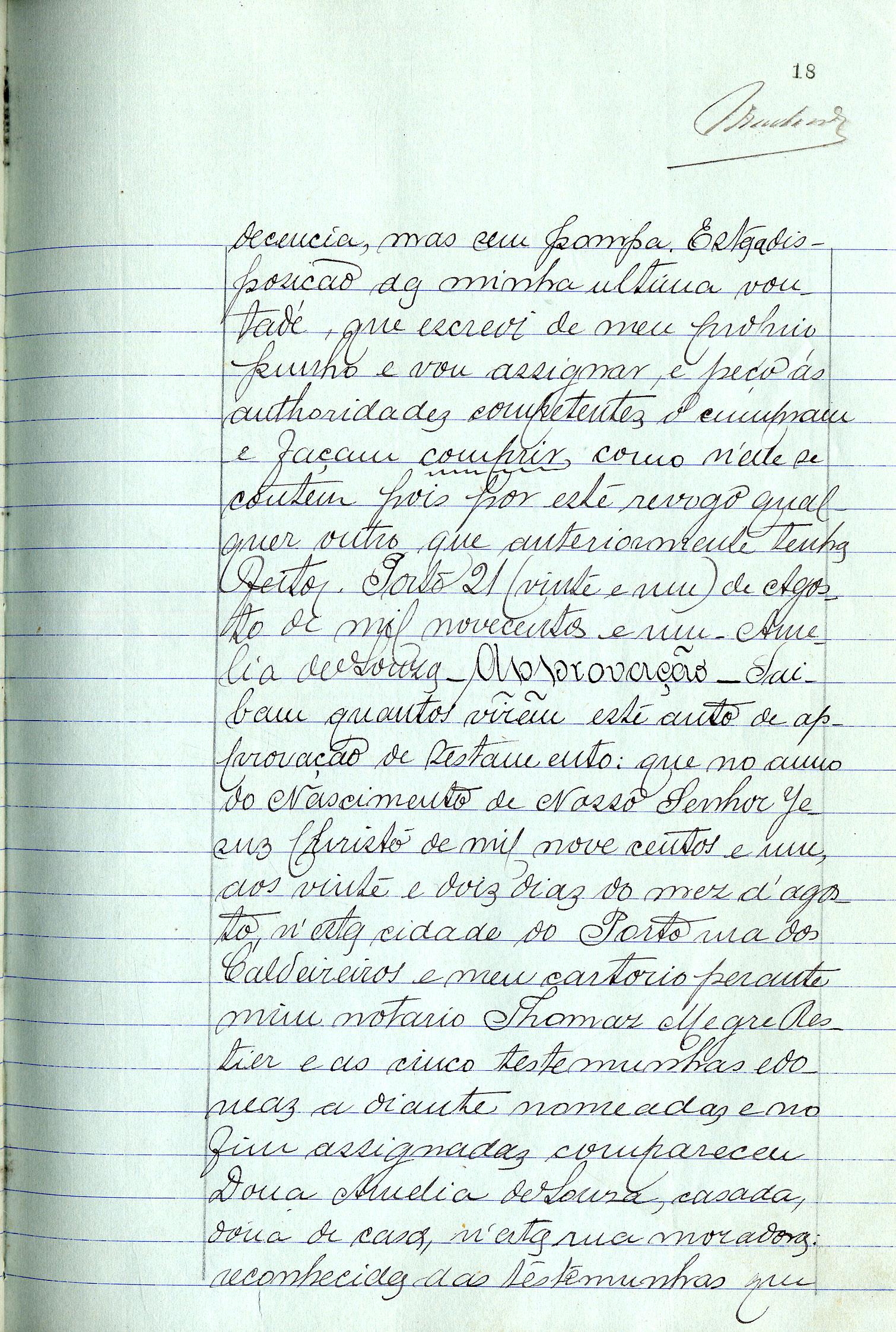 Registo do testamento com que faleceu Amélia de Sousa, casada com José Maria de Almeida Cunha, proprietária