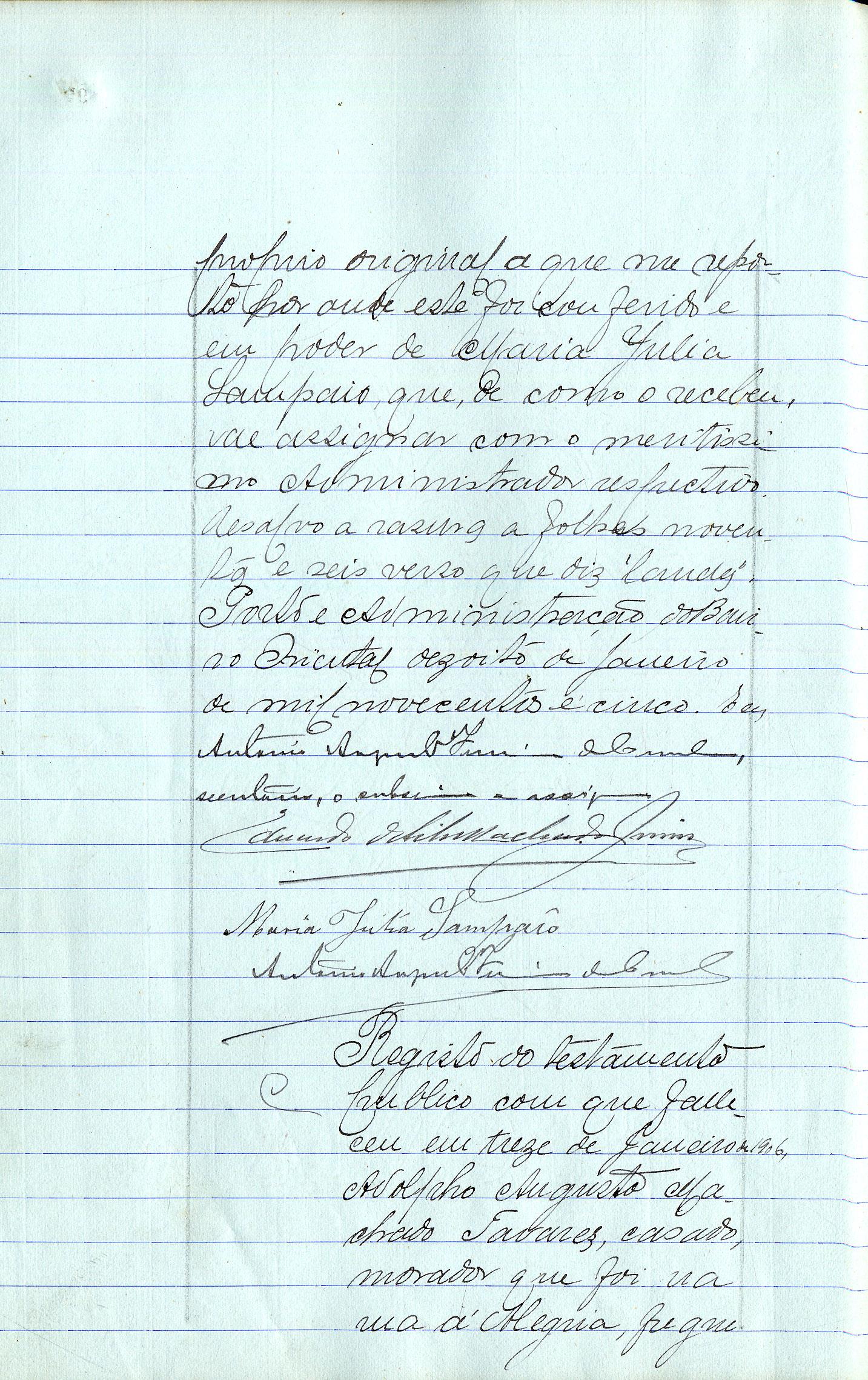 Registo do testamento com que faleceu Adolfo Augusto Machado Tavares, empregado público