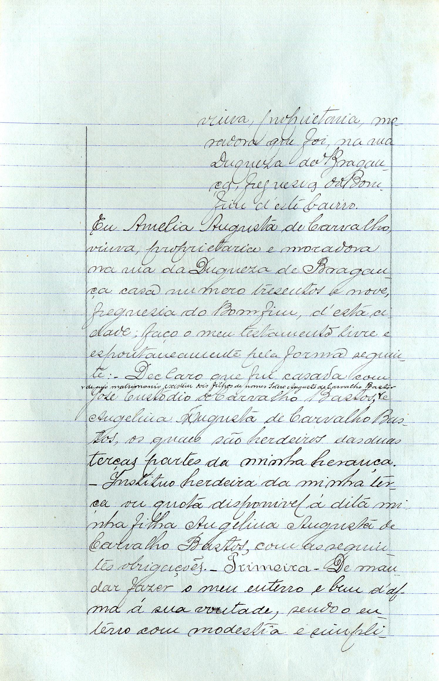 Registo do testamento com que faleceu Amélia Augusta de Carvalho, viúva de José Custódio de Carvalho Bastos, proprietária