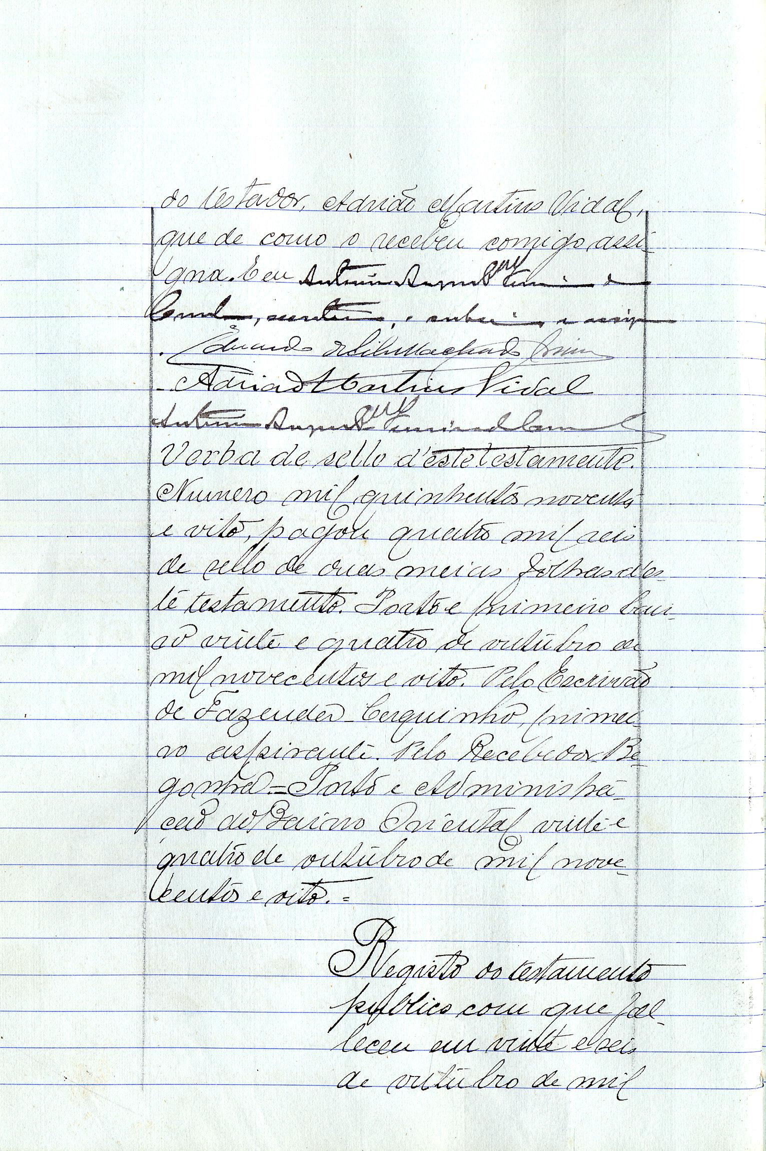 Registo do testamento com que faleceu Alexandrina Rosa, viúva de José Rodrigues Macedo, brunideira