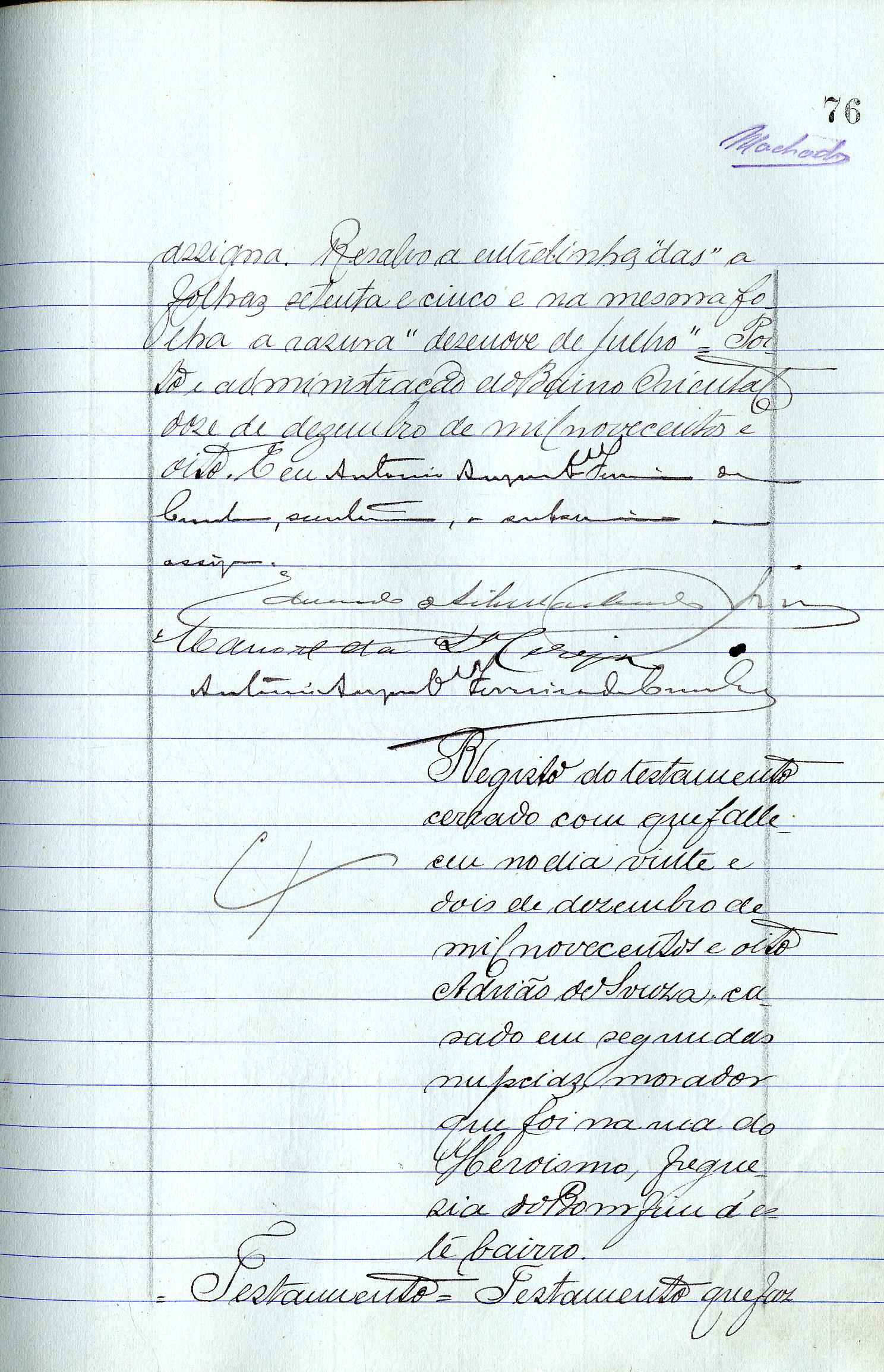 Registo do testamento com que faleceu Adrião de Sousa, casado em segundas núpcias com Teodolinda Cândida dos Santos Sousa