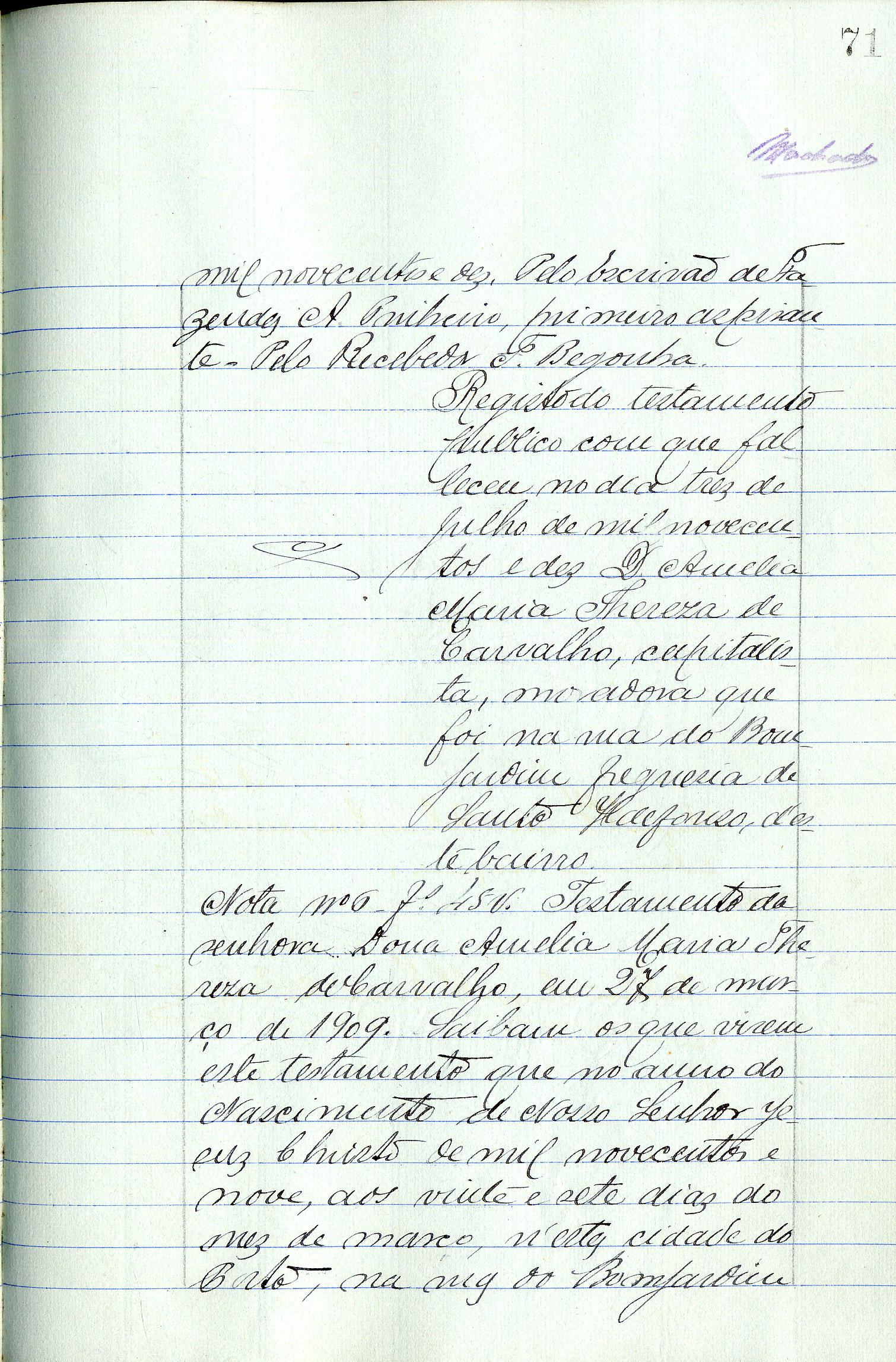 Registo do testamento com que faleceu Amélia Maria Teresa de Carvalho, viúva de José Pereira de Carvalho, capitalista