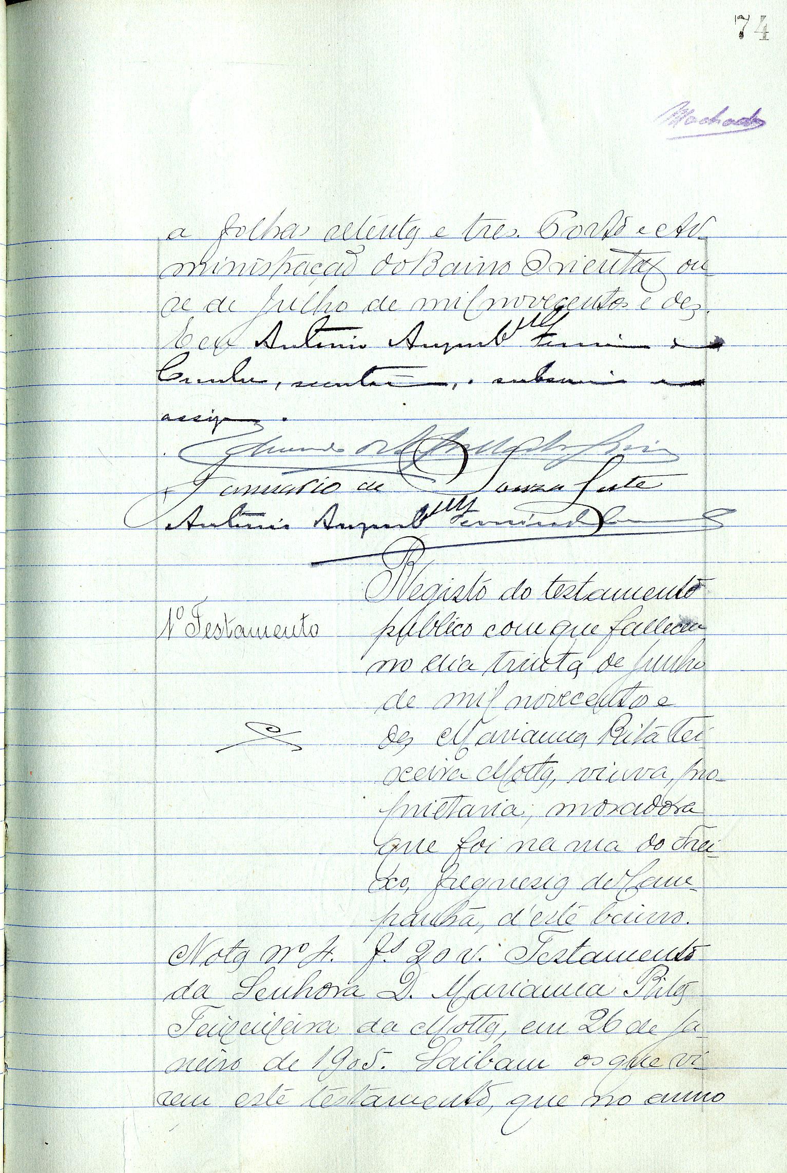 Registo do testamento com que faleceu Amélia Maria Teresa de Carvalho, viúva de José Pereira de Carvalho, capitalista