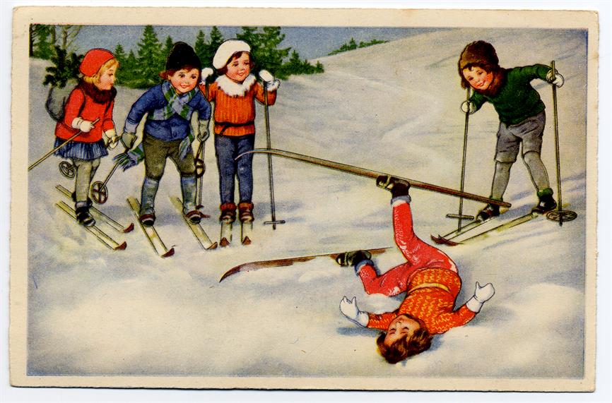 [Crianças esquiando : postal de Boas Festas]