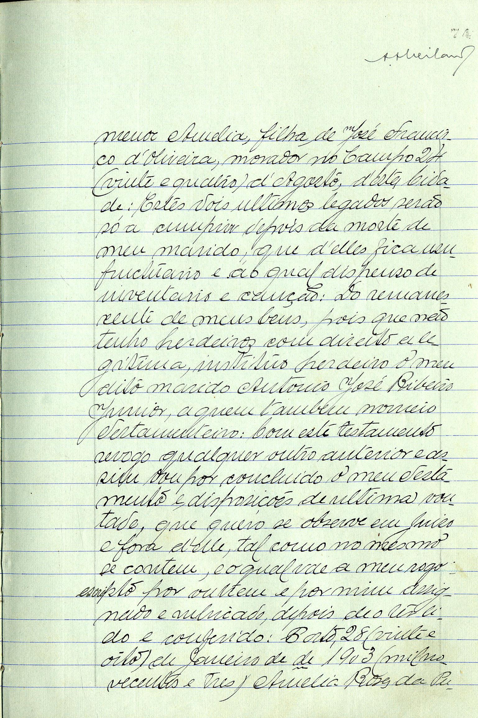 Registo do testamento com que faleceu Amélia Rosa da Purificação Ribeiro, casada com António José Ribeiro Júnior, proprietária