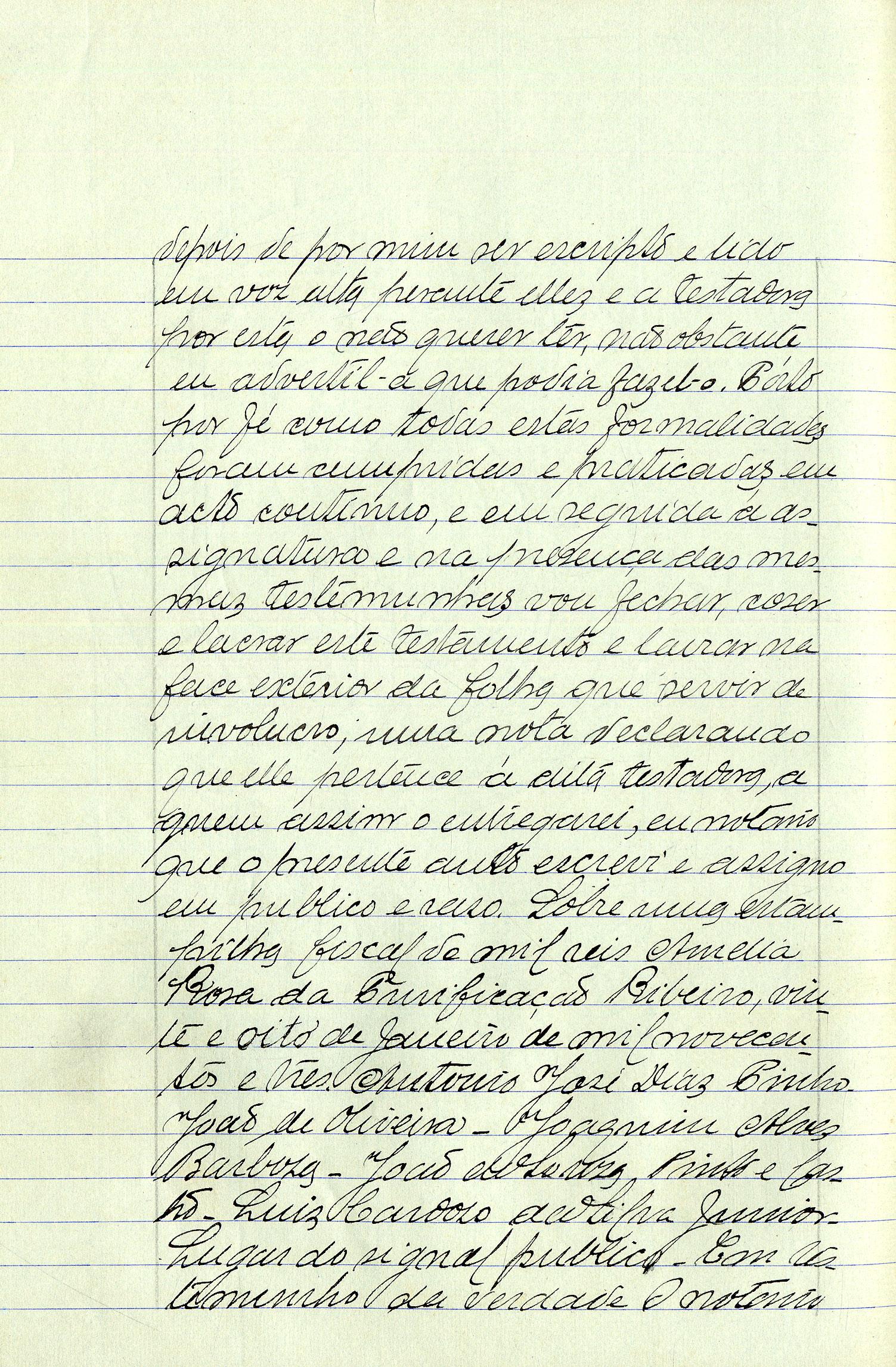 Registo do testamento com que faleceu Amélia Rosa da Purificação Ribeiro, casada com António José Ribeiro Júnior, proprietária