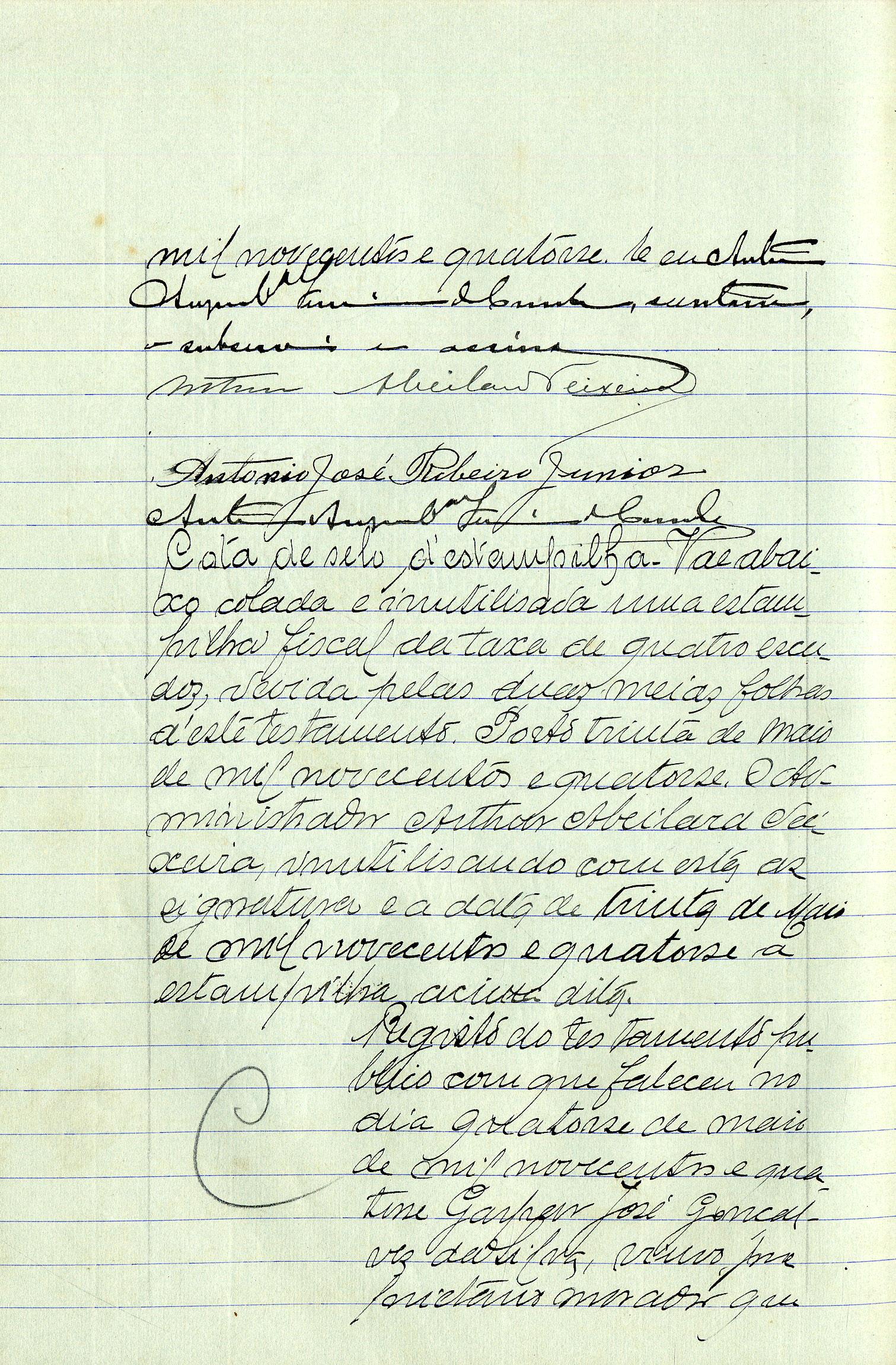 Registo do testamento com que faleceu Amélia Rosa da Purificação Ribeiro, casada com António José Ribeiro Júnior, proprietária