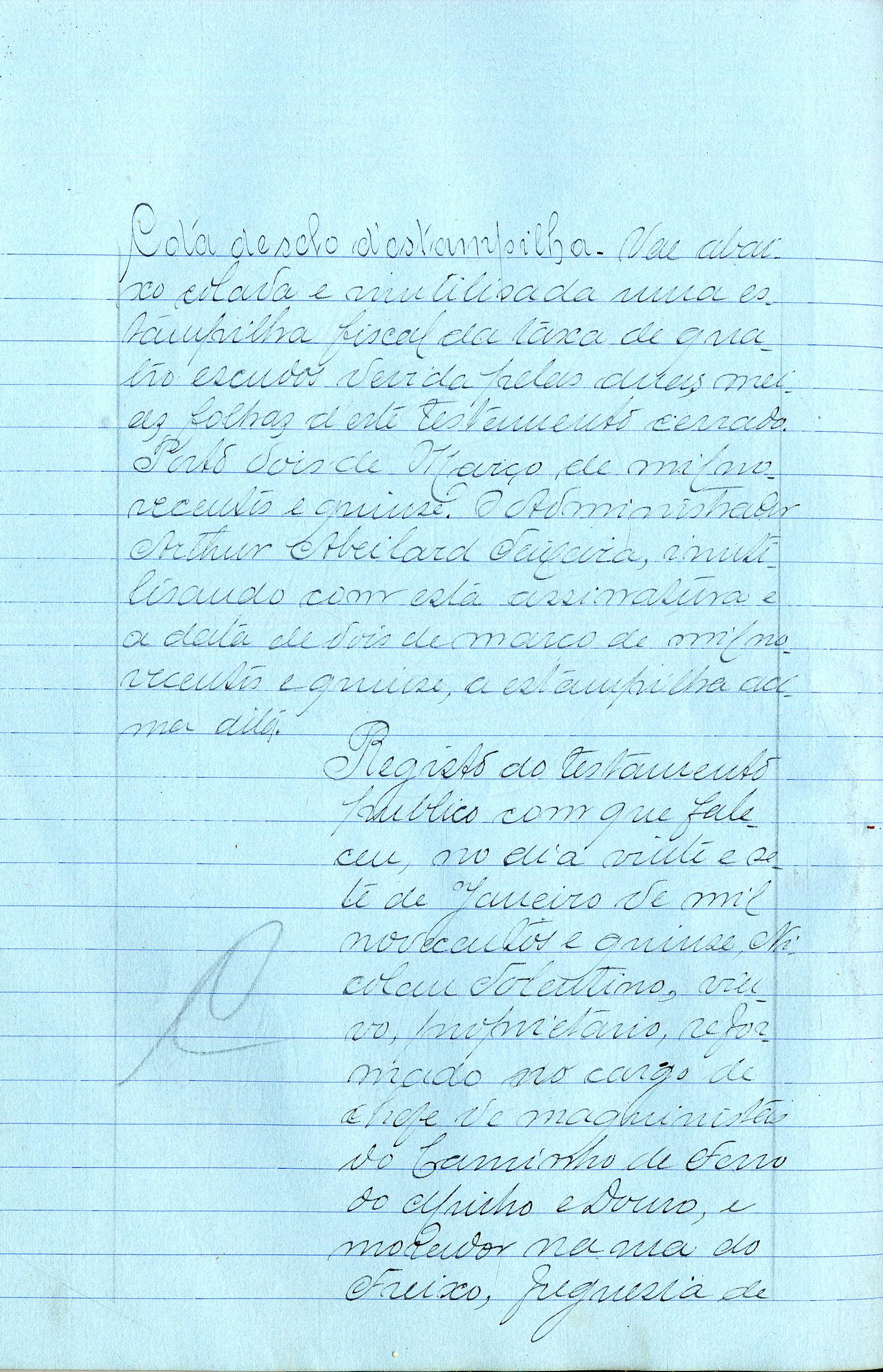 Registo do testamento com que faleceu Aires Pinto Vaz Osório, capitalista