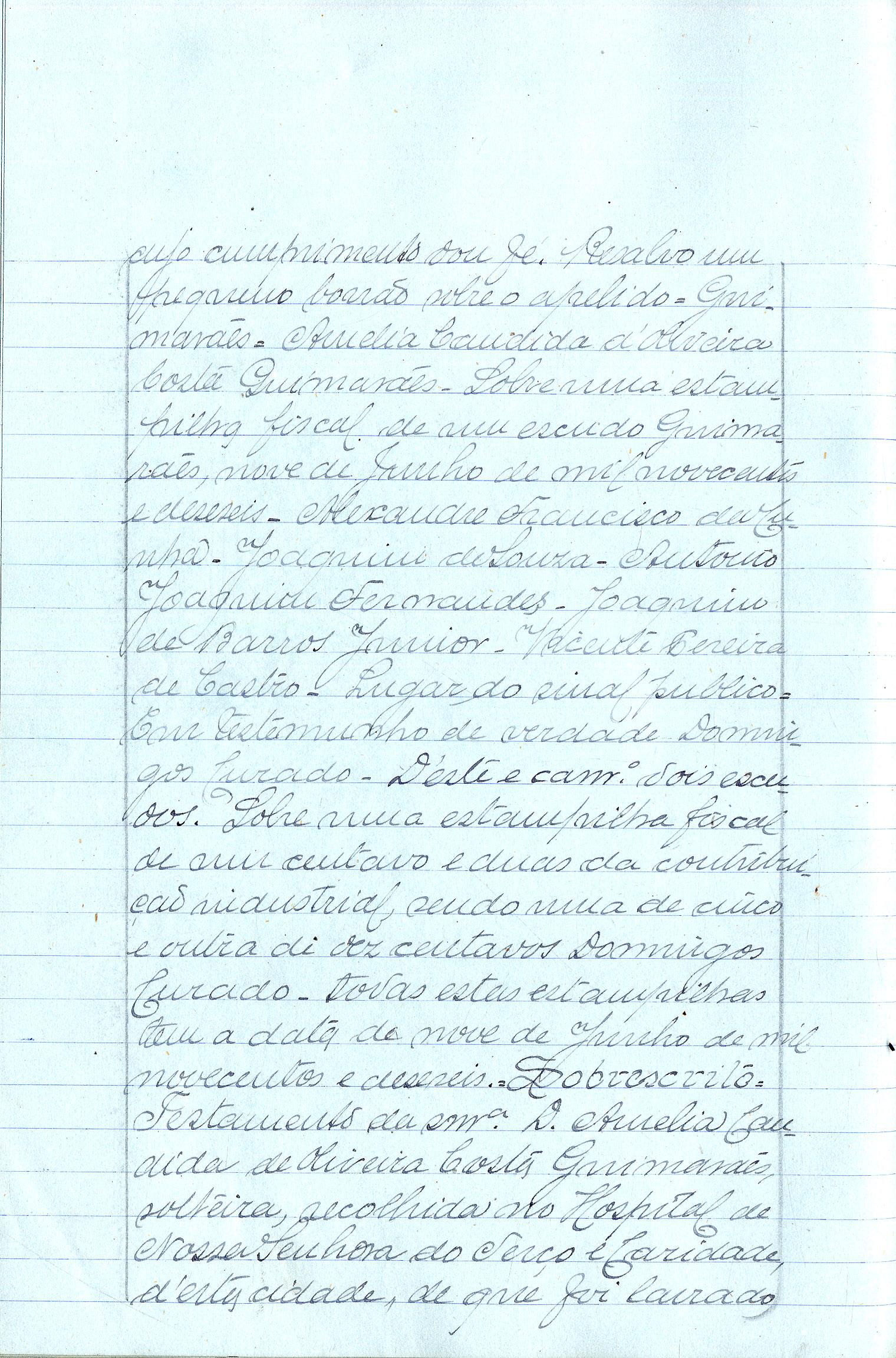 Registo do testamento com que faleceu Amélia Cândida de Oliveira Costa Guimarães