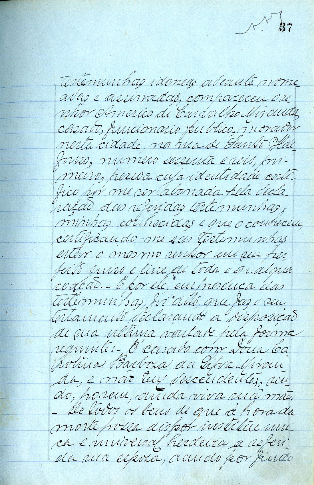 Registo do testamento com que faleceu Américo de Carvalho Miranda, empregado público