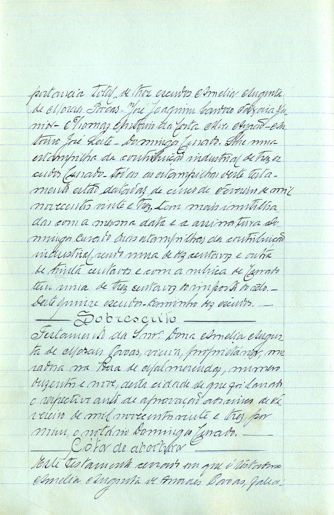 Registo do testamento com que faleceu Amélia Augusta de Morais Póvoas, proprietária