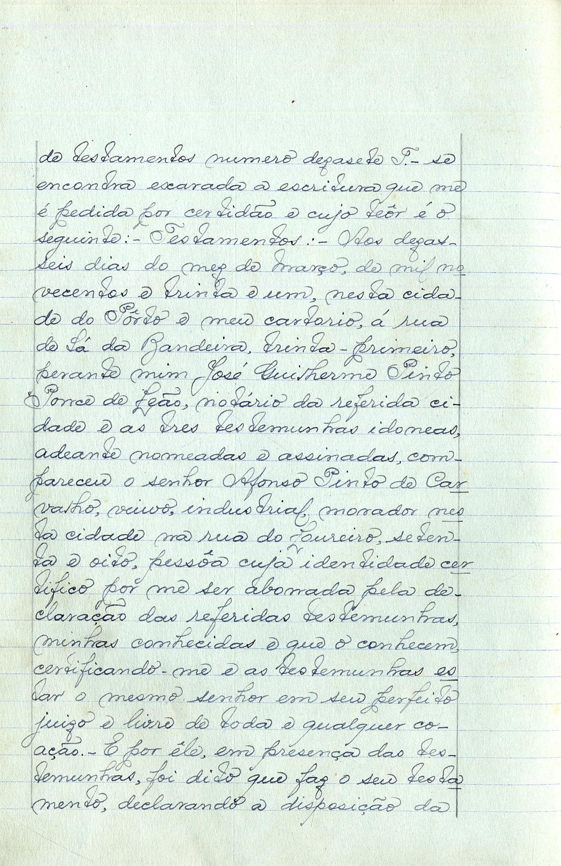 Registo do testamento com que faleceu Afonso Pinto de Carvalho, industrial