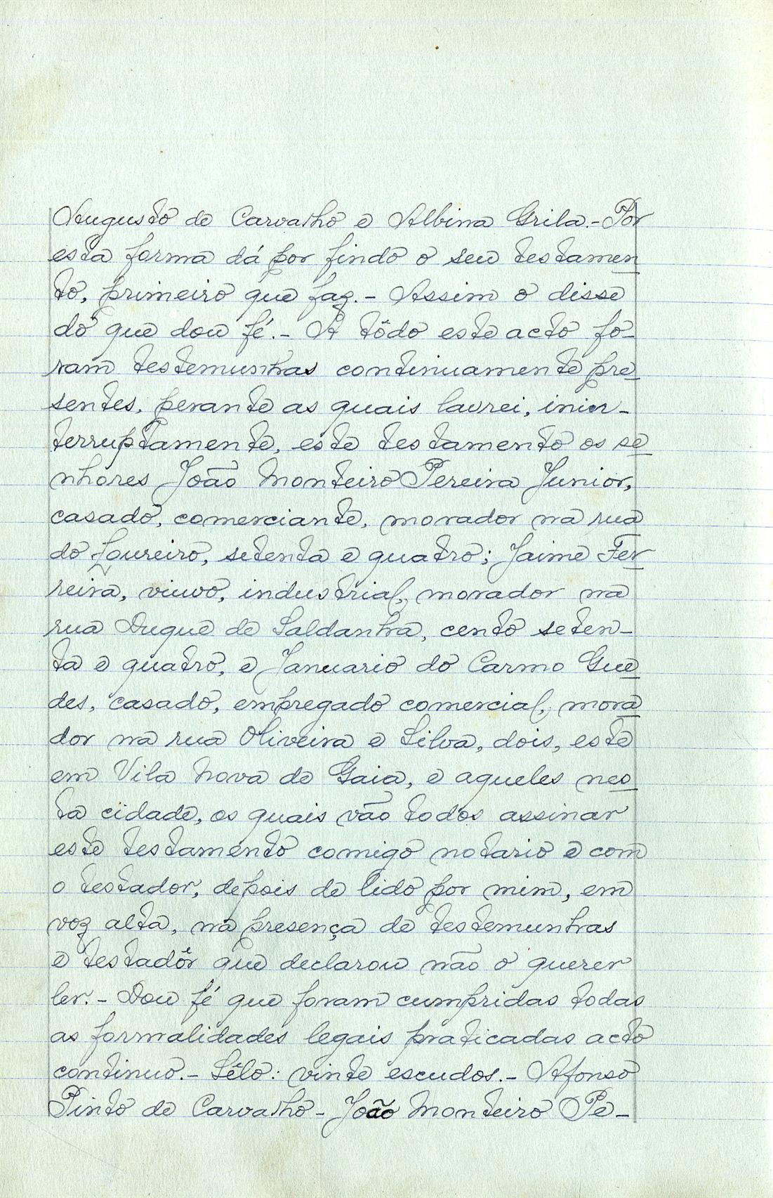 Registo do testamento com que faleceu Afonso Pinto de Carvalho, industrial