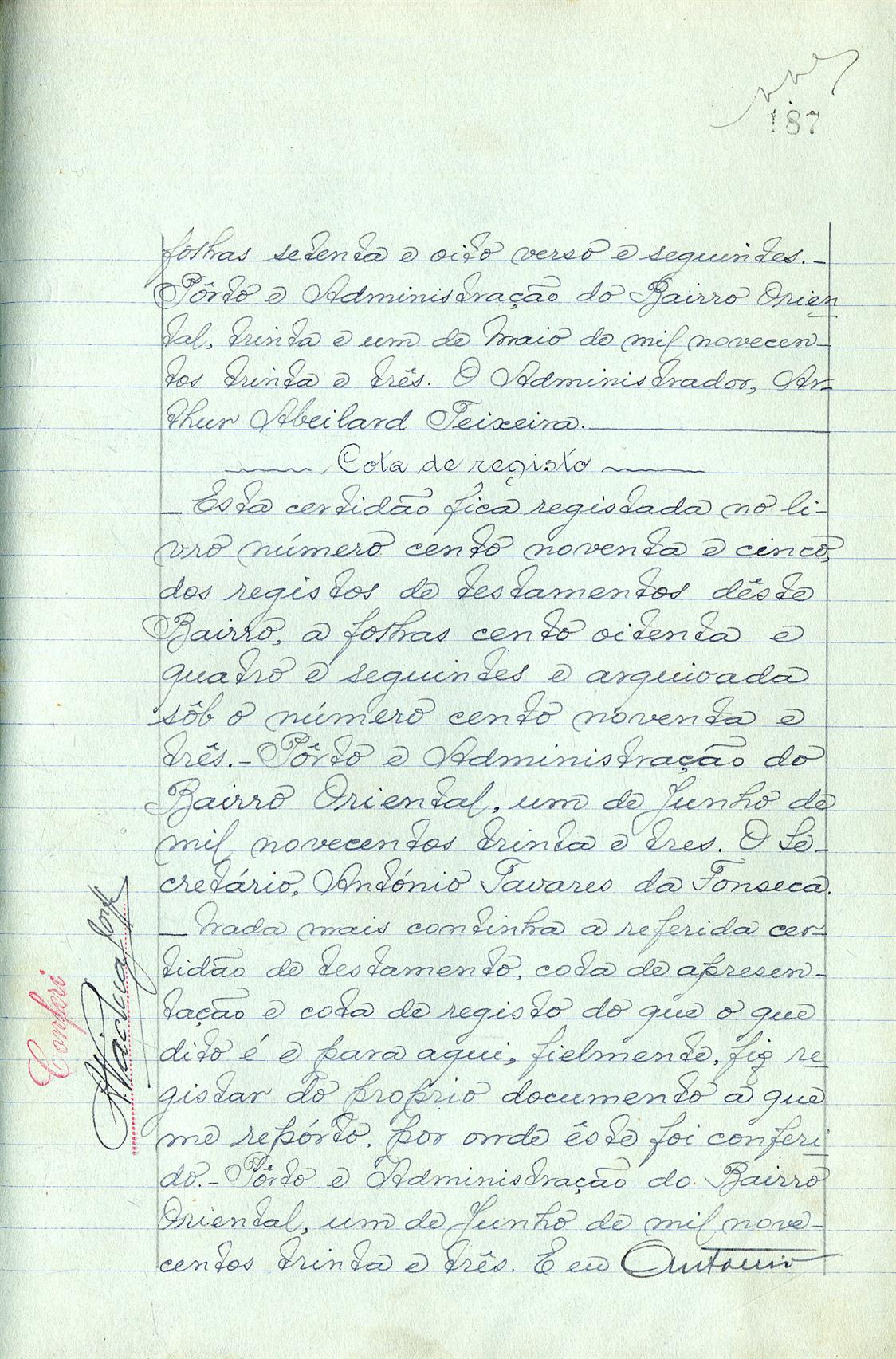 Registo do testamento com que faleceu Afonso Pinto de Carvalho, industrial