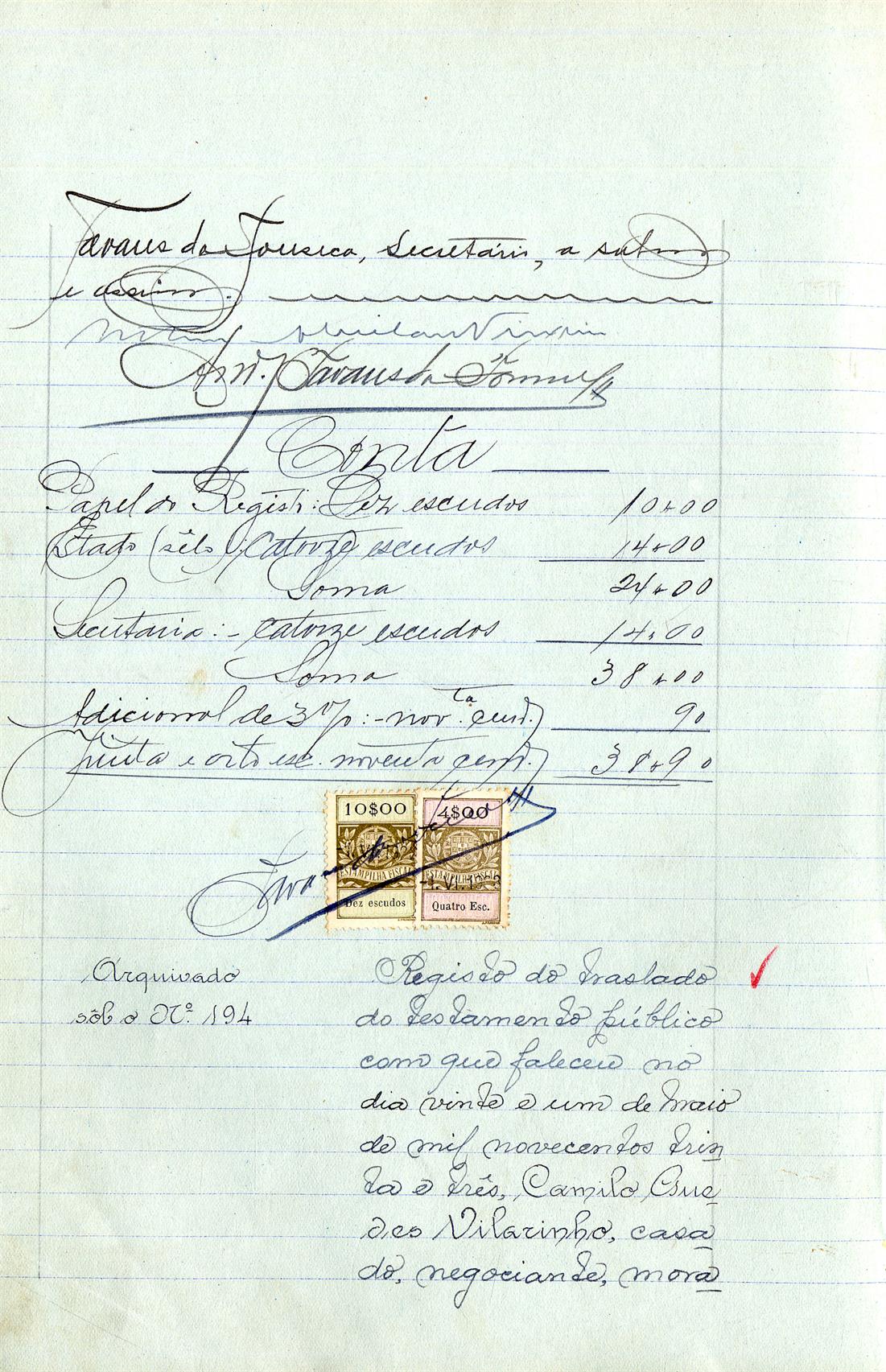 Registo do testamento com que faleceu Afonso Pinto de Carvalho, industrial