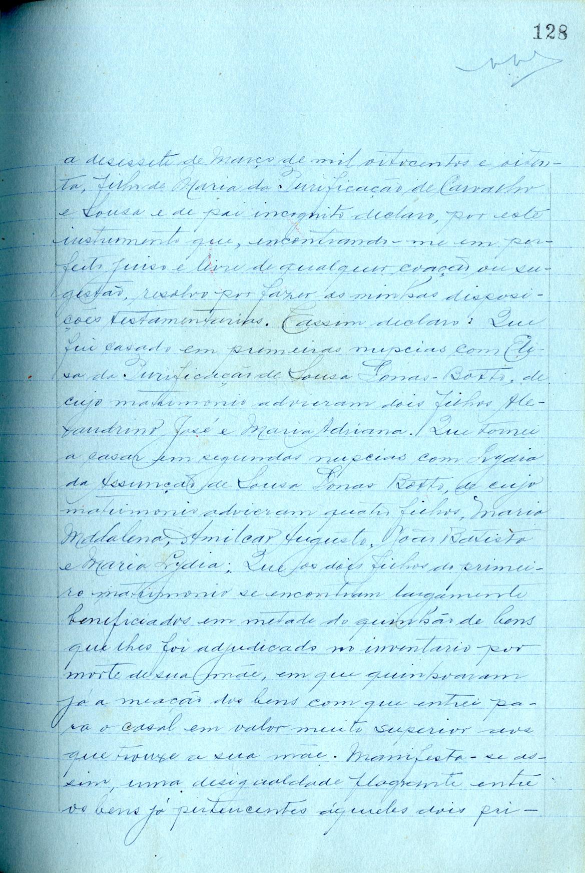 Registo do testamento com que faleceu Adriano José de Sousa, casado com Lídia da Assunção de Sousa Donas-Botto, proprietário