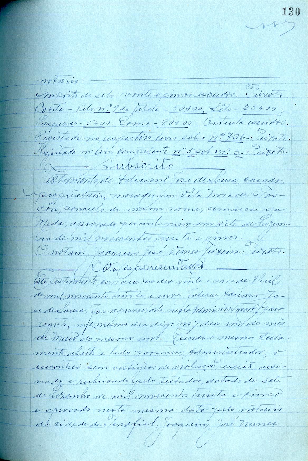 Registo do testamento com que faleceu Adriano José de Sousa, casado com Lídia da Assunção de Sousa Donas-Botto, proprietário