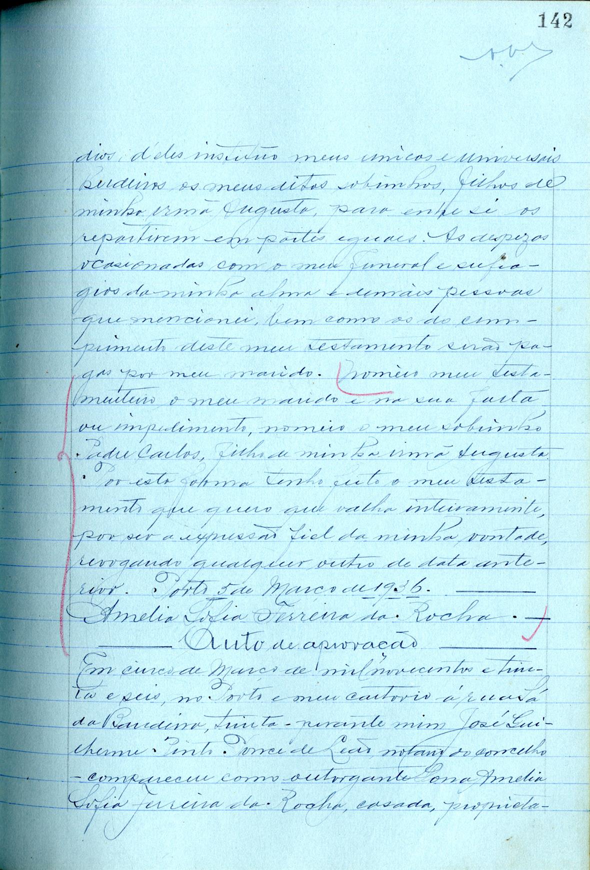 Registo do testamento com que faleceu Amélia Sofia Ferreira da Rocha, proprietária