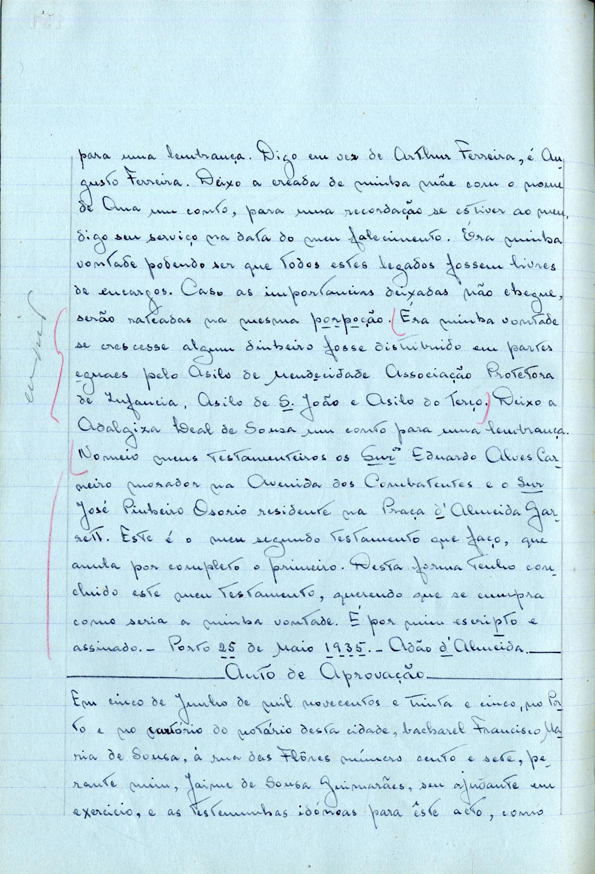 Registo do testamento com que faleceu Adão de Almeida, viúvo de Idalina Aurora Amaro de Almeida, comerciante