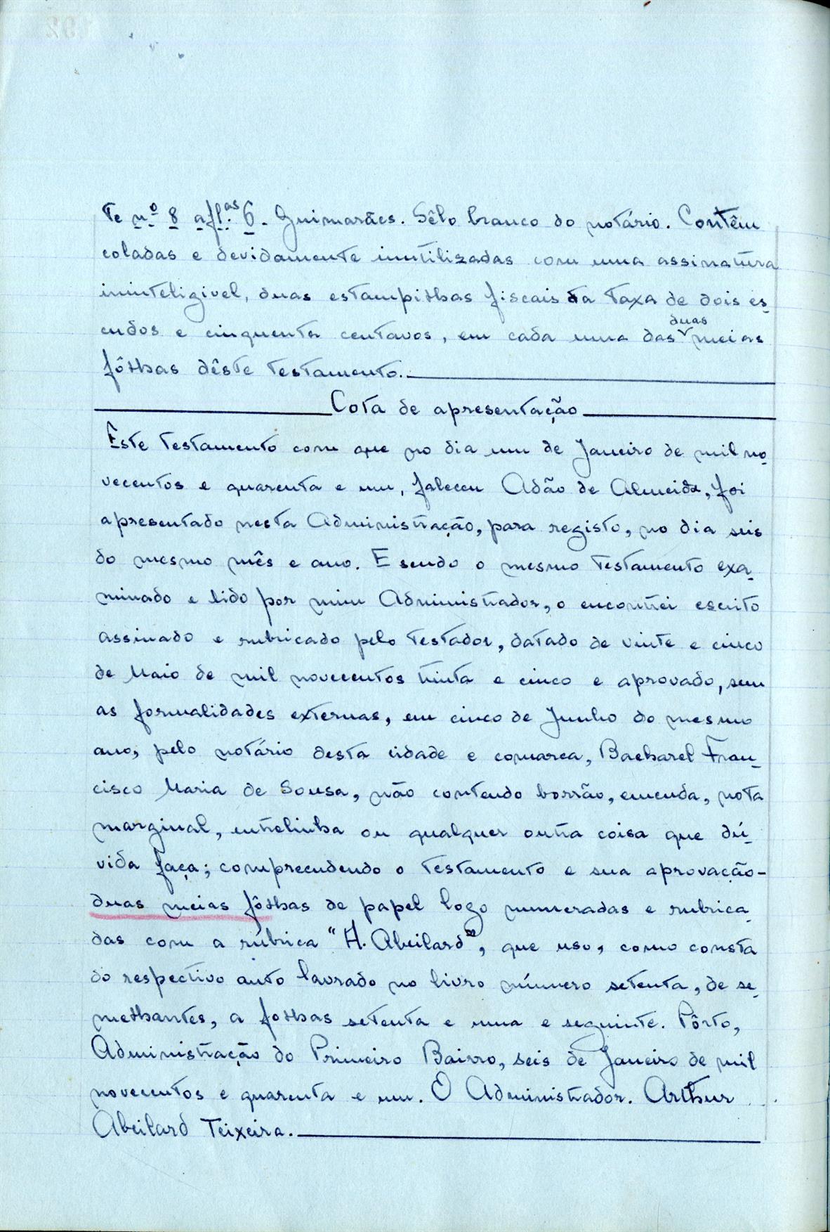 Registo do testamento com que faleceu Adão de Almeida, viúvo de Idalina Aurora Amaro de Almeida, comerciante